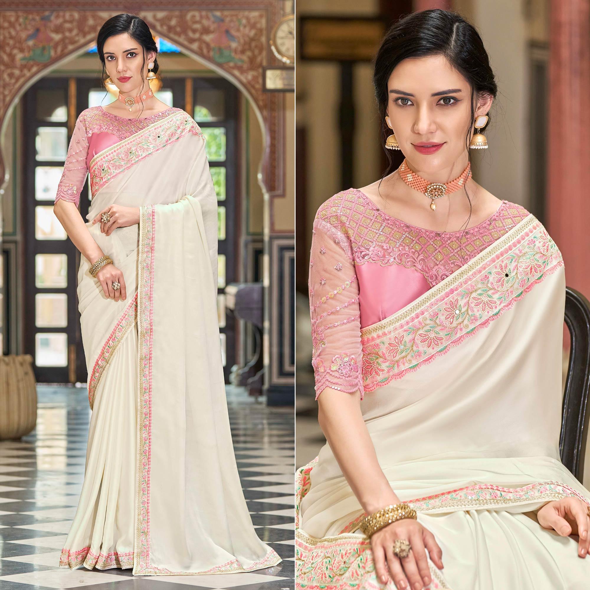 Off White Floral Sequence Embroidered Art Silk Saree - Peachmode