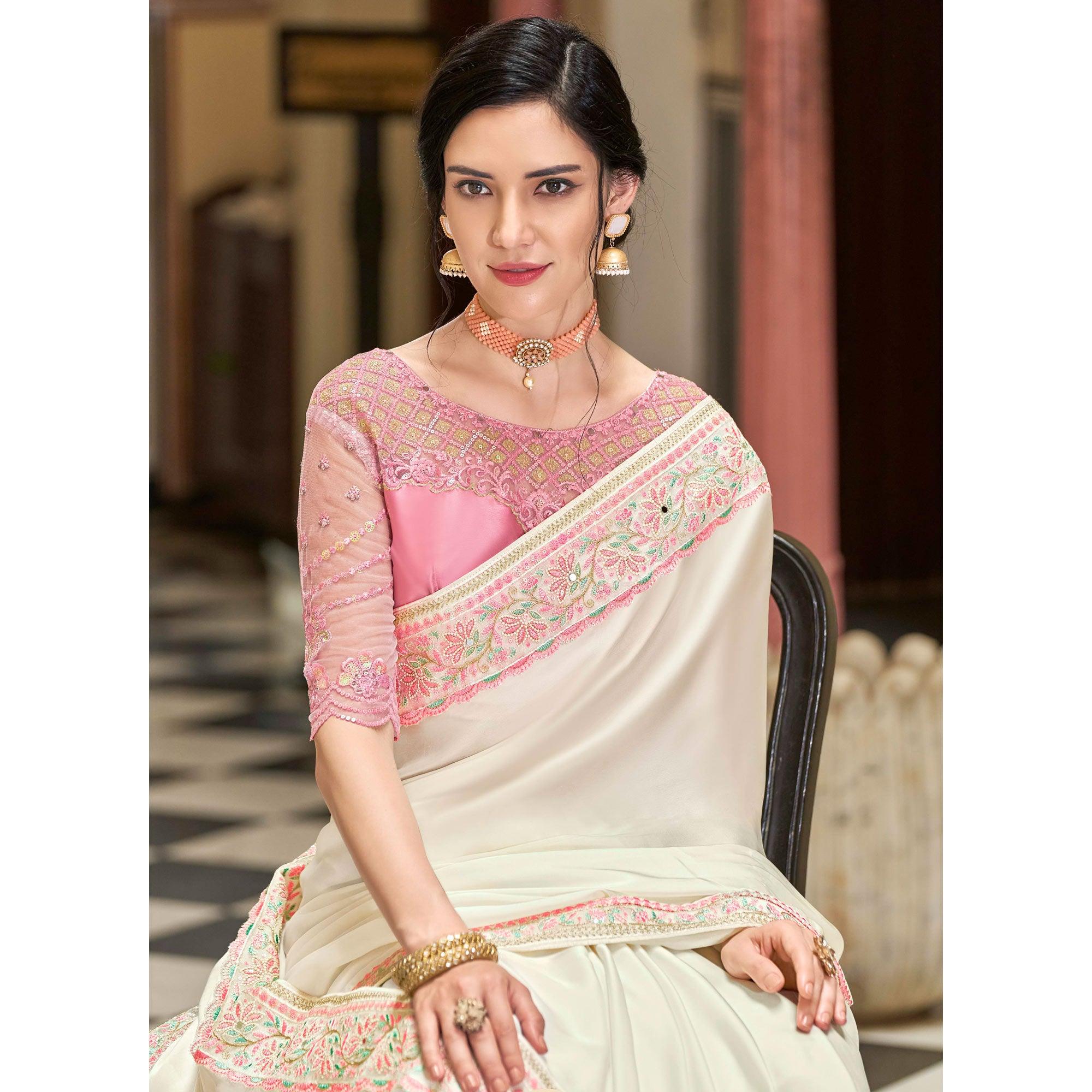 Off White Floral Sequence Embroidered Art Silk Saree - Peachmode