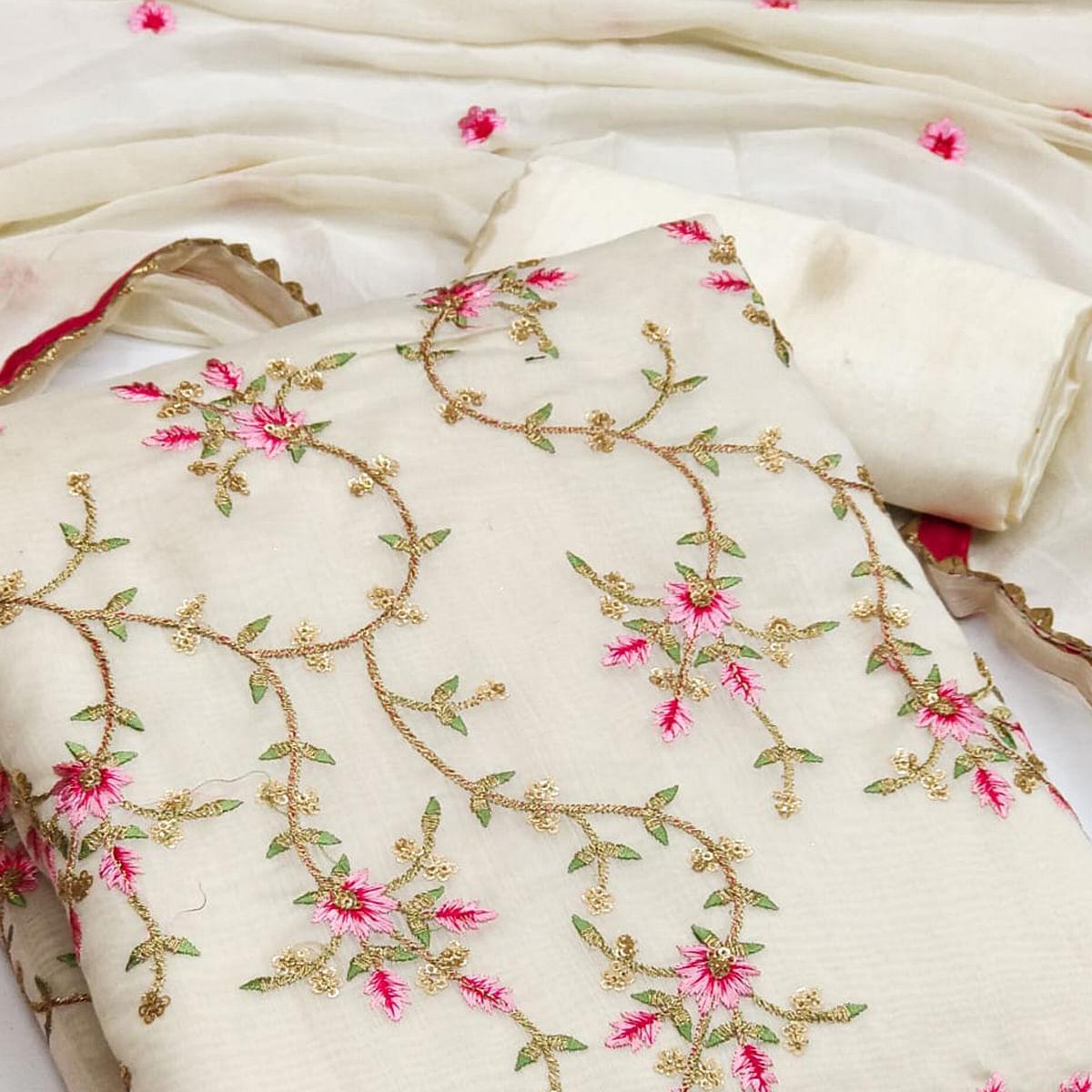 Off White Floral Sequence Embroidery Chanderi Dress Material - Peachmode