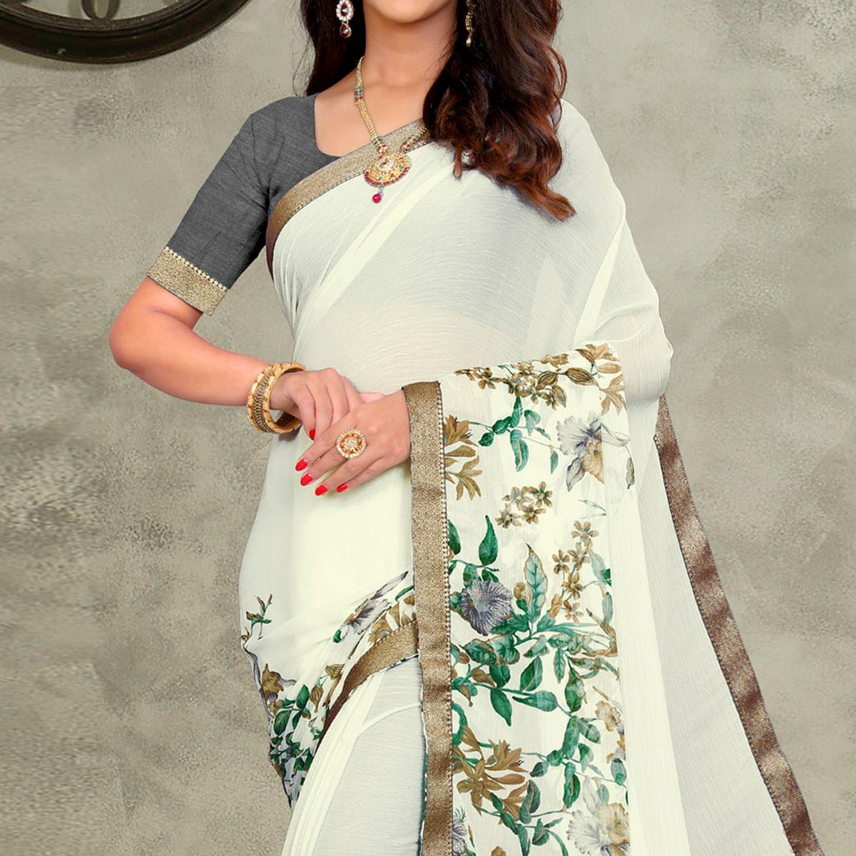 Off White-Grey Casual Wear Floral Printed Chiffon Saree - Peachmode