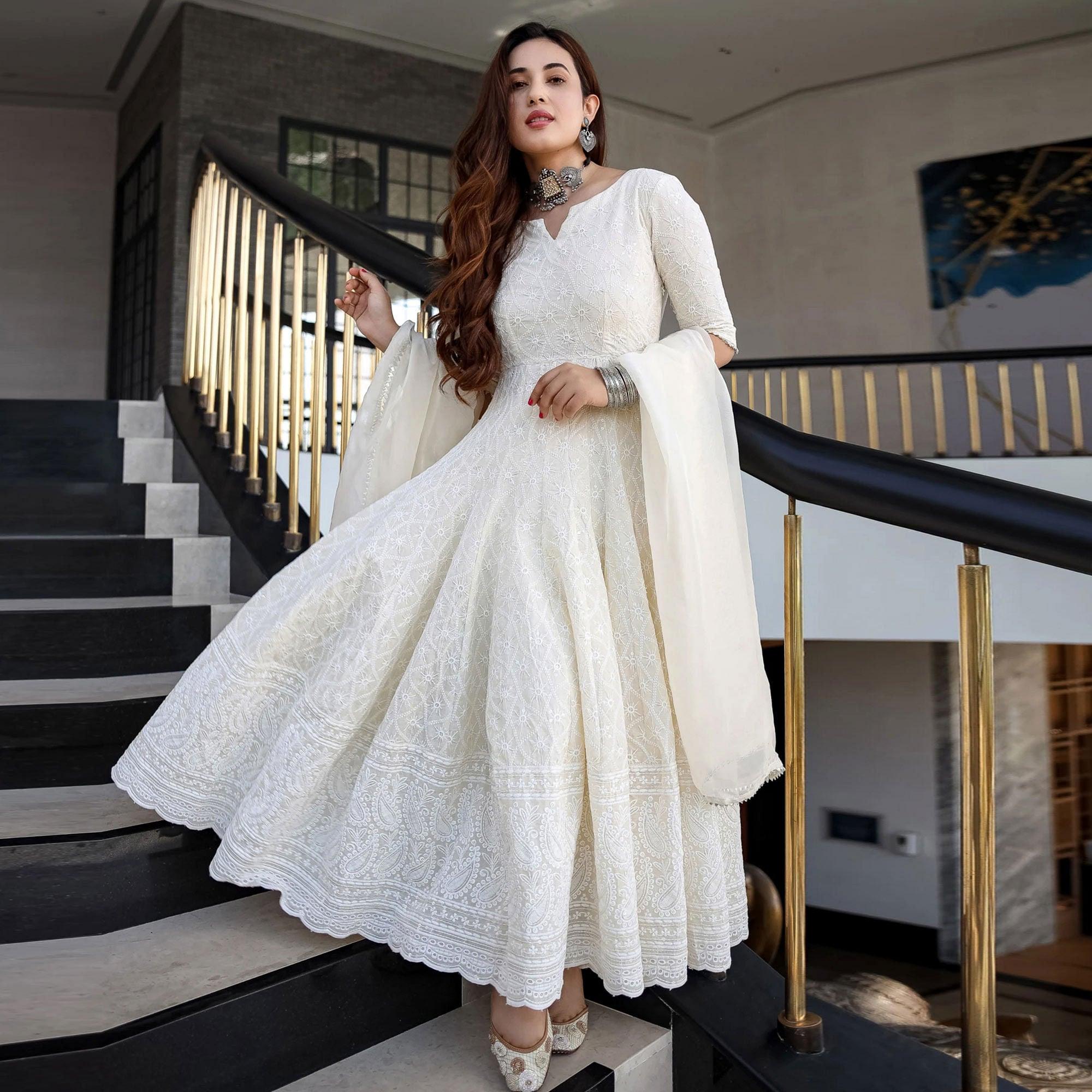Off White Lucknowi Chikankari With Embroidery Rayon Partywear Gown - Peachmode