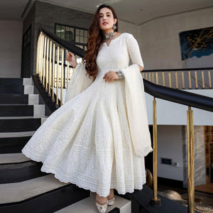 Off White Lucknowi Chikankari With Embroidery Rayon Partywear Gown - Peachmode