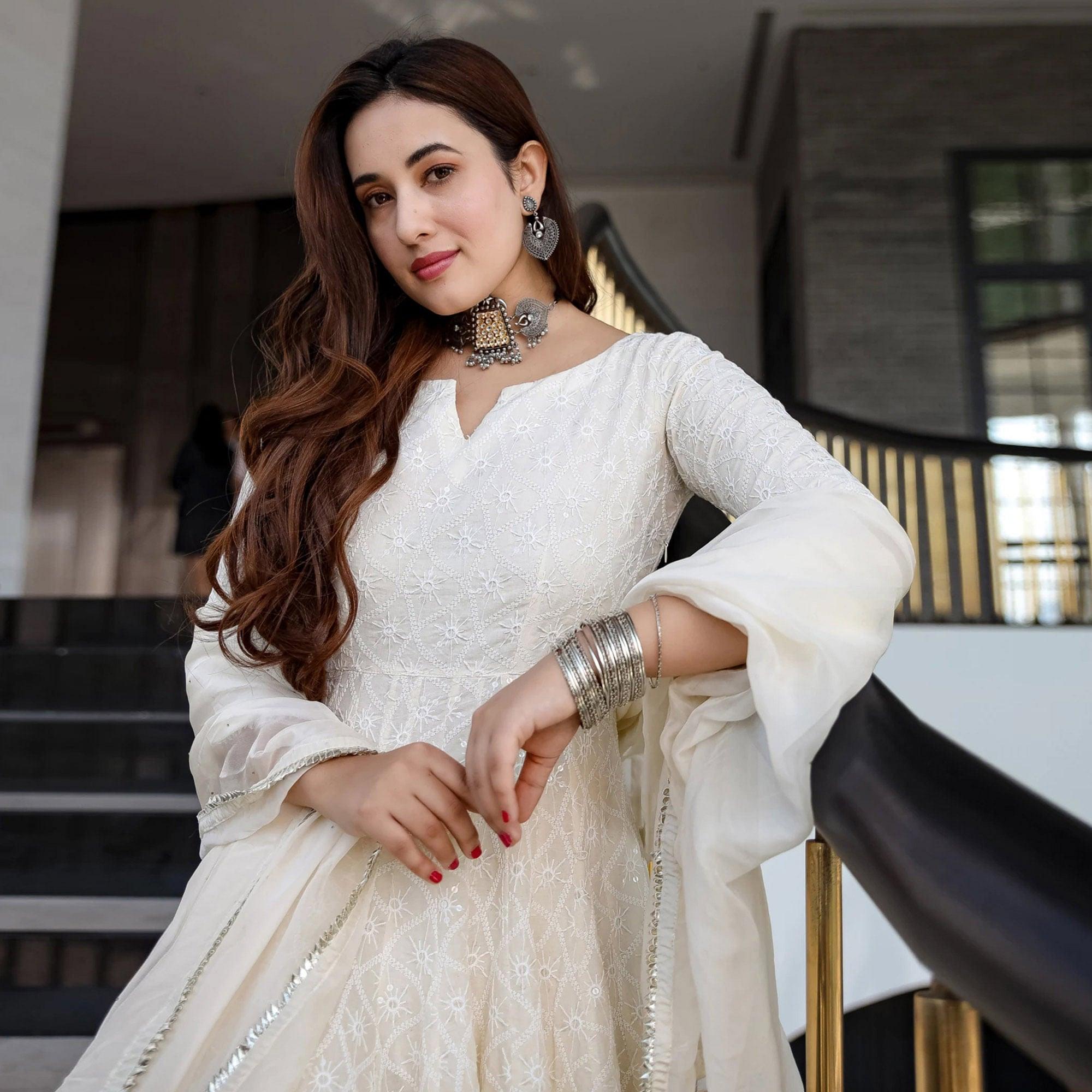 Off White Lucknowi Chikankari With Embroidery Rayon Partywear Gown - Peachmode