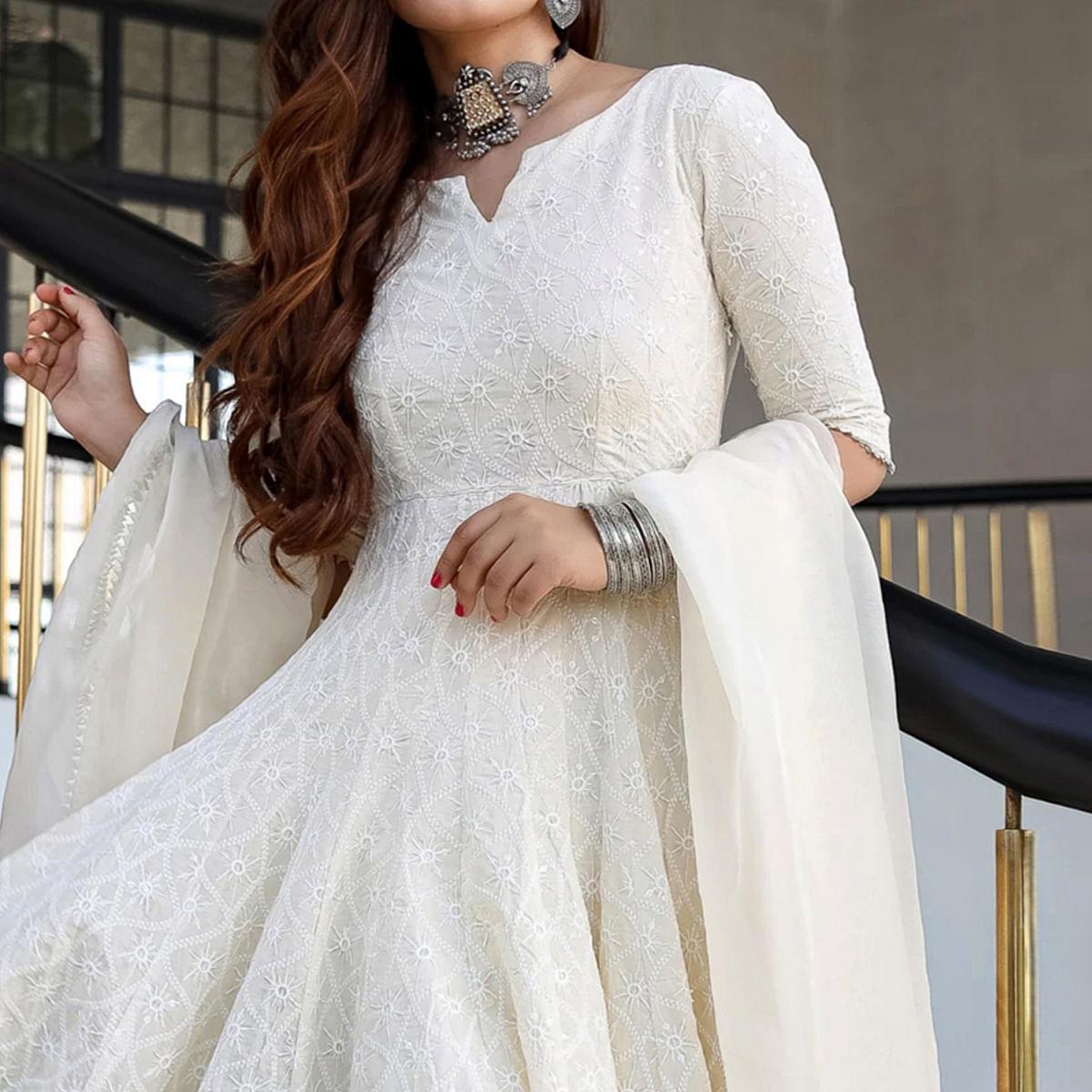 Off White Lucknowi Chikankari With Embroidery Rayon Partywear Gown - Peachmode