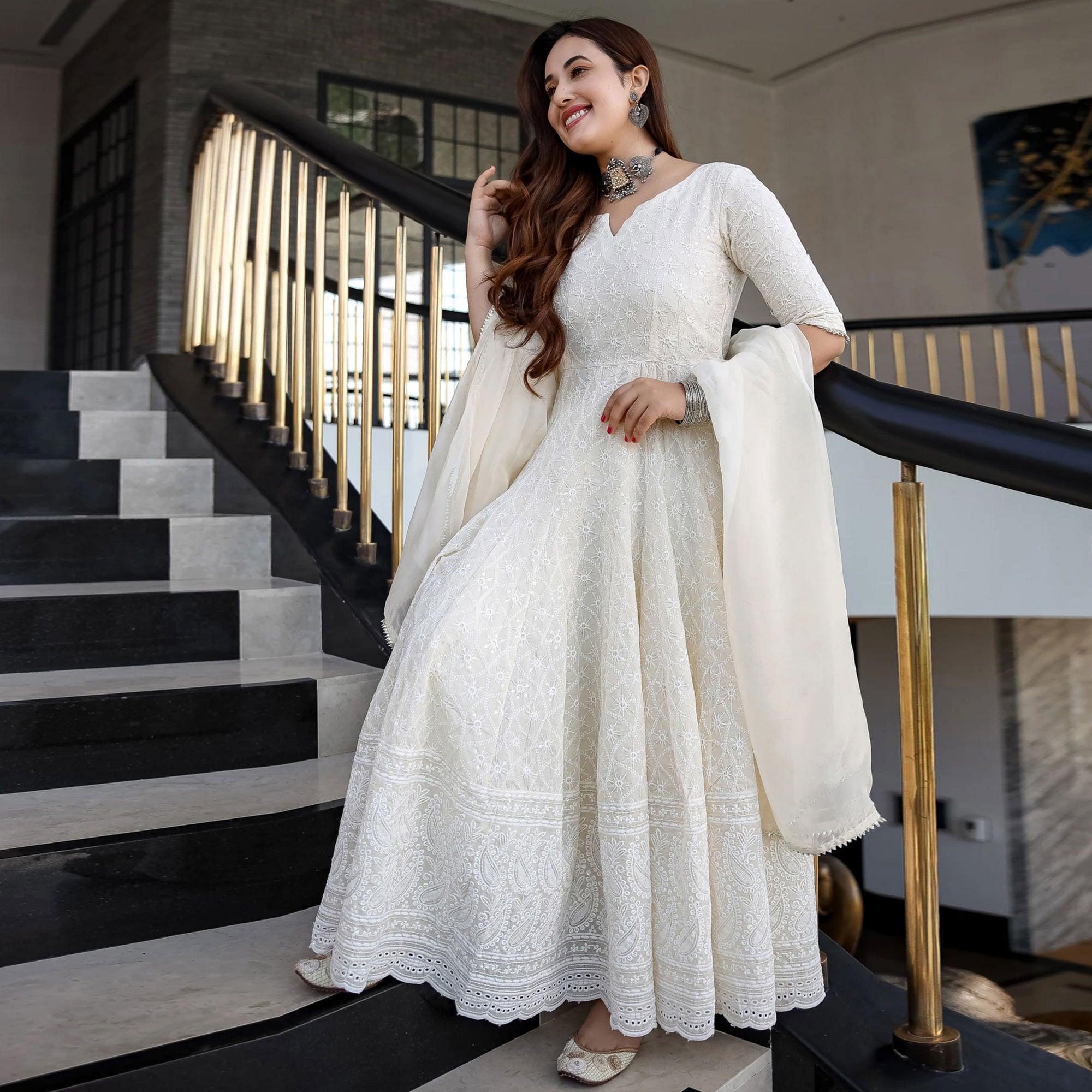 Off White Lucknowi Chikankari With Embroidery Rayon Partywear Gown - Peachmode