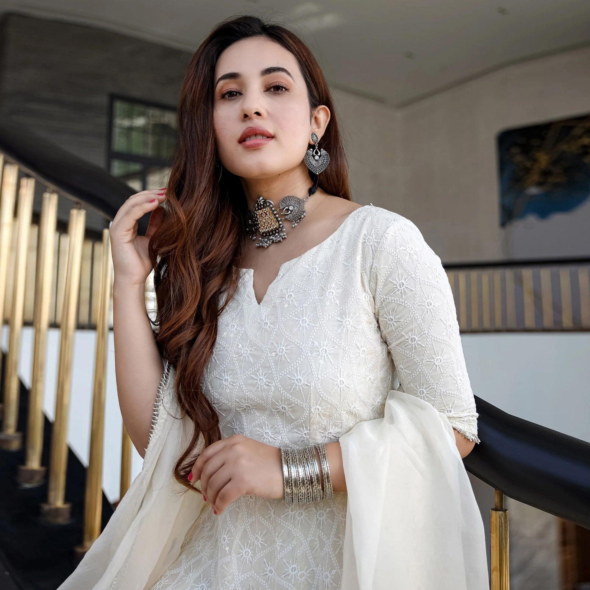 Off White Lucknowi Chikankari With Embroidery Rayon Partywear Gown - Peachmode