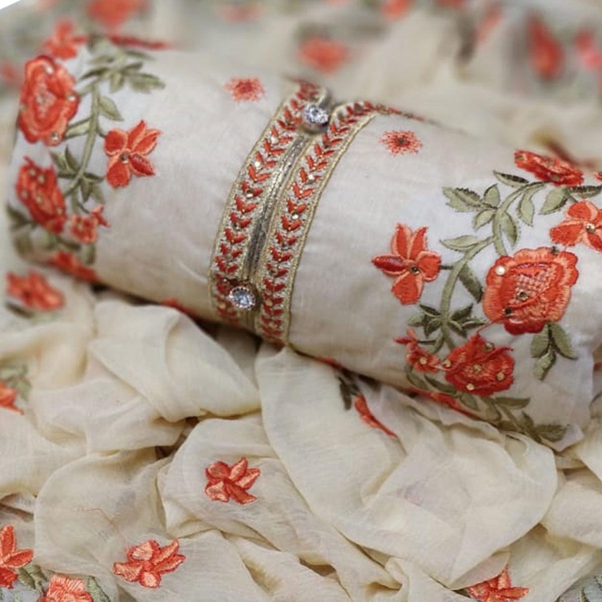 Off White - Orange Embroidered Chanderi Dress Material - Peachmode