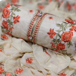 Off White - Orange Embroidered Chanderi Dress Material - Peachmode