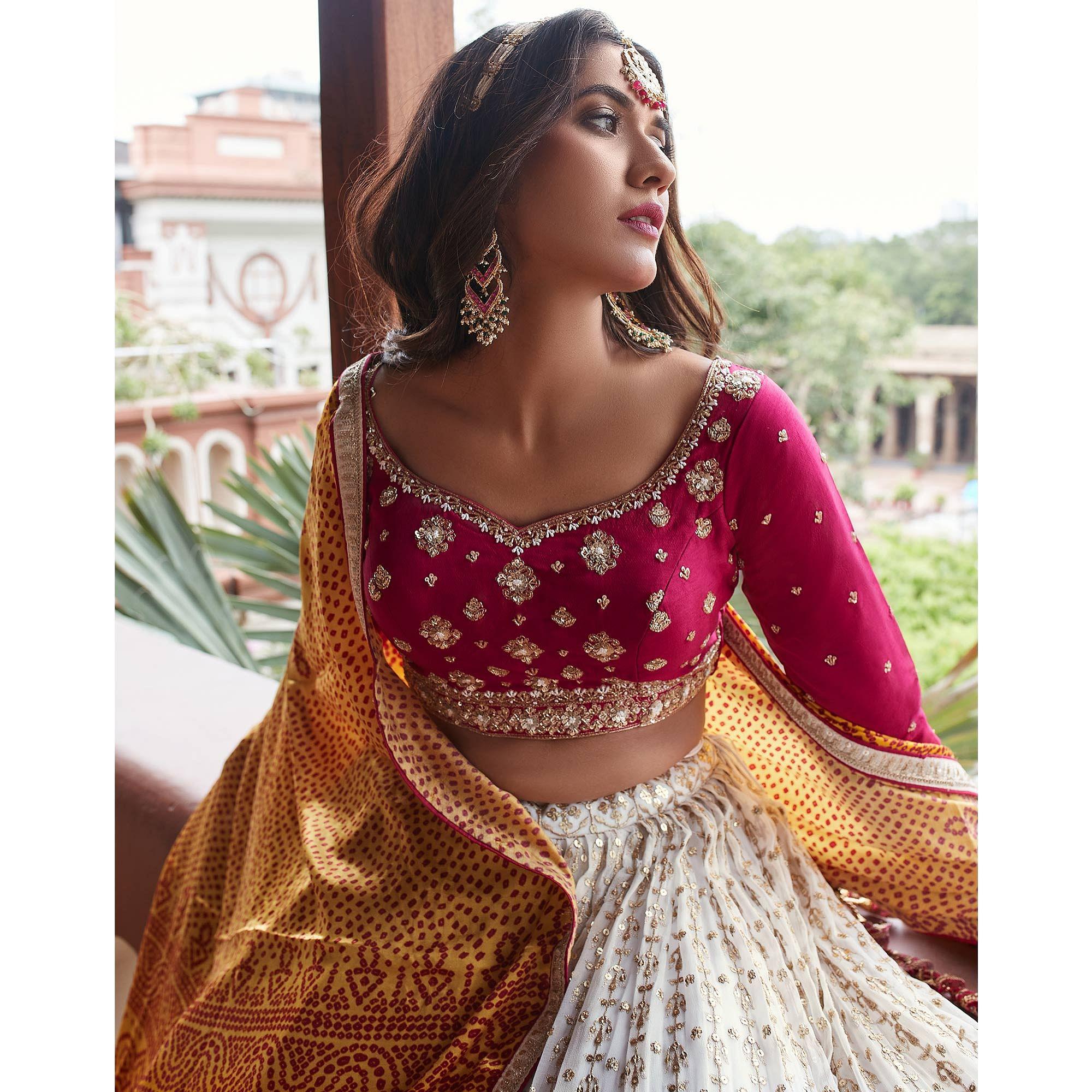 Off white Party Wear Embroidered Georgette Lehenga Choli - Peachmode