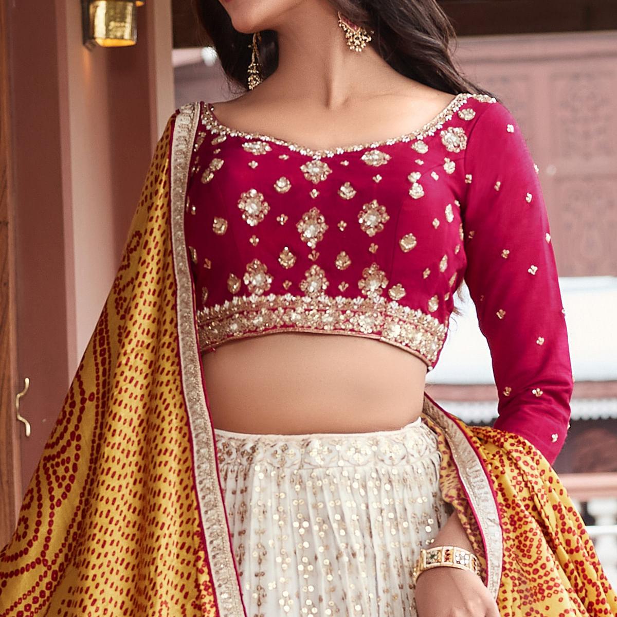 Off white Party Wear Embroidered Georgette Lehenga Choli - Peachmode