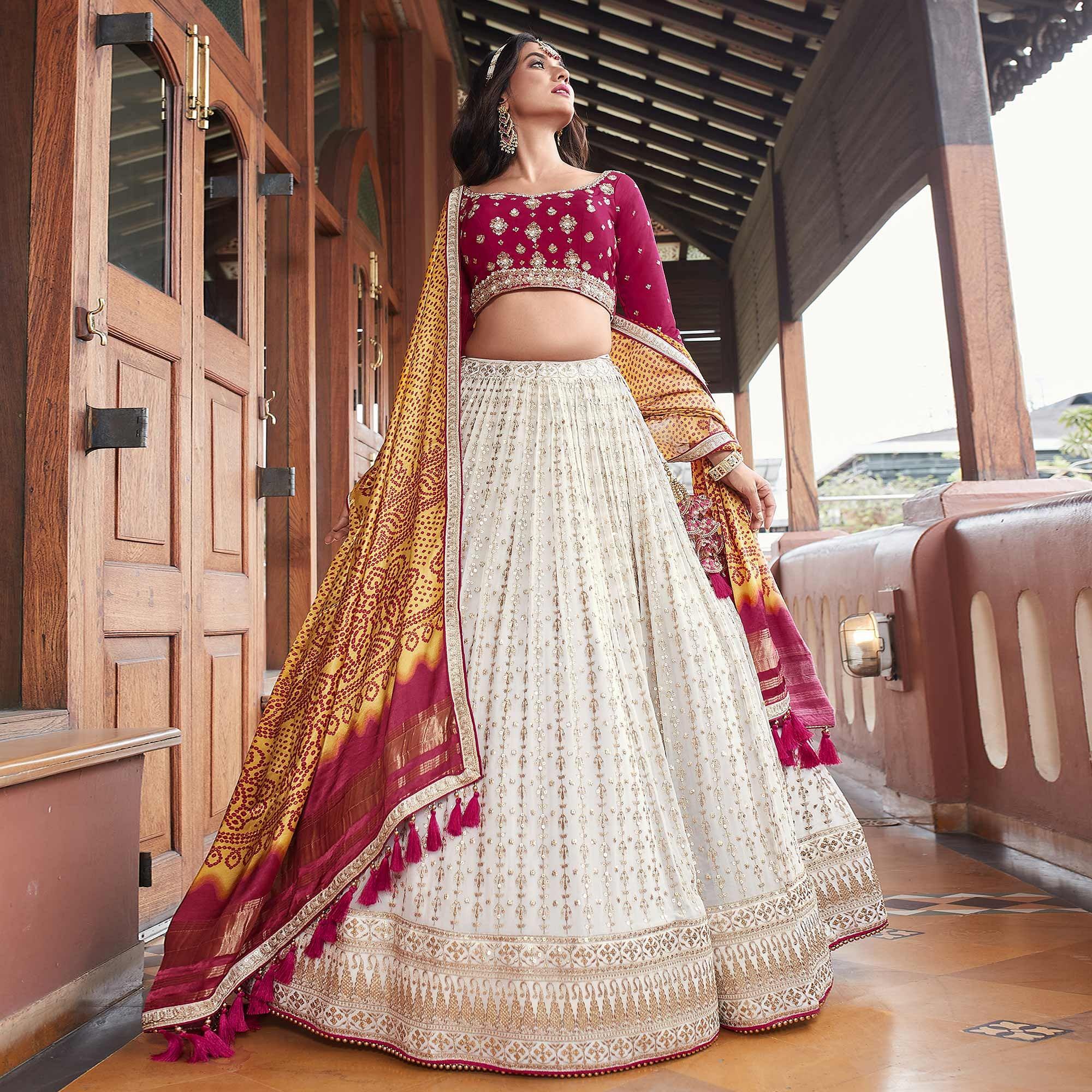 Off white Party Wear Embroidered Georgette Lehenga Choli - Peachmode