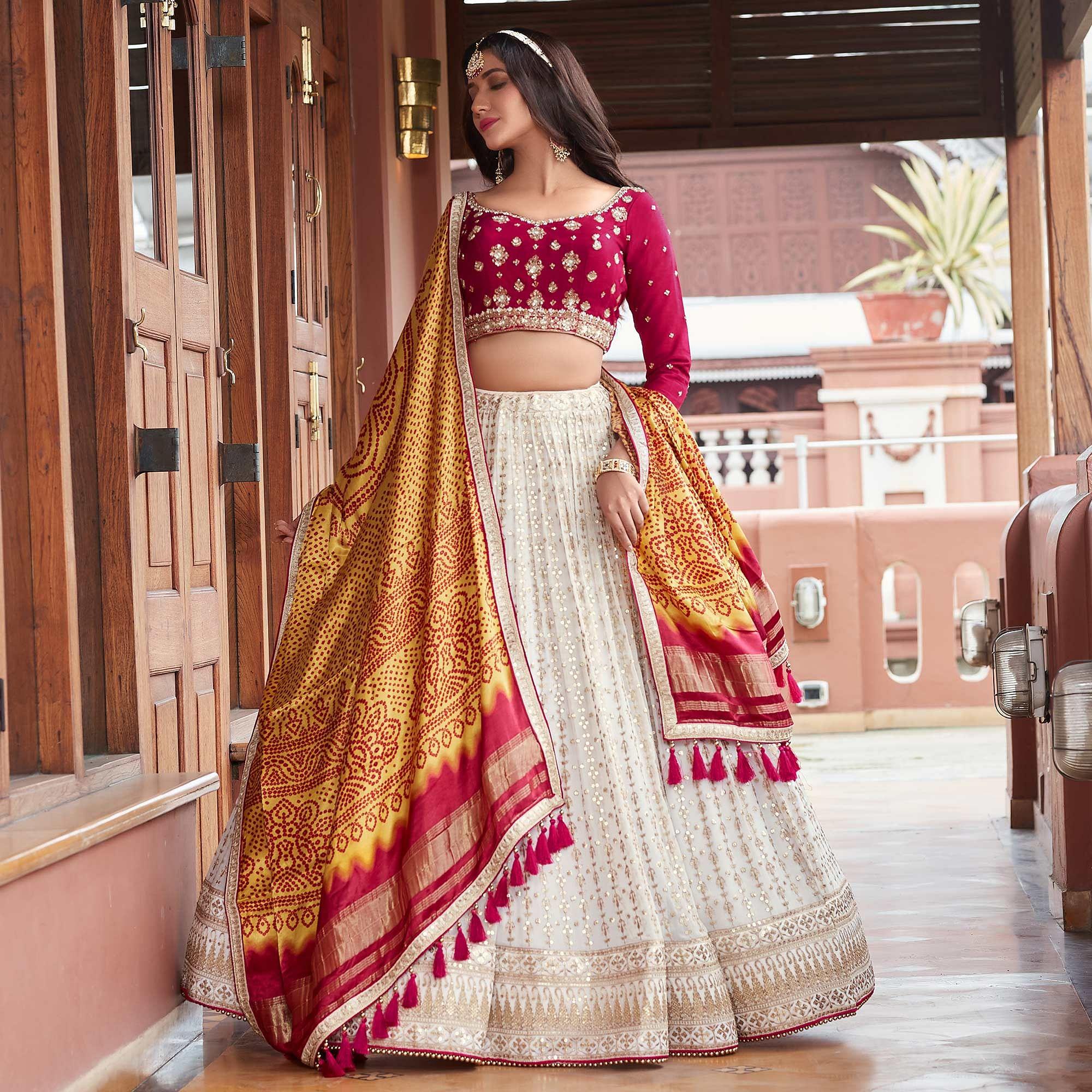 Off white Party Wear Embroidered Georgette Lehenga Choli - Peachmode