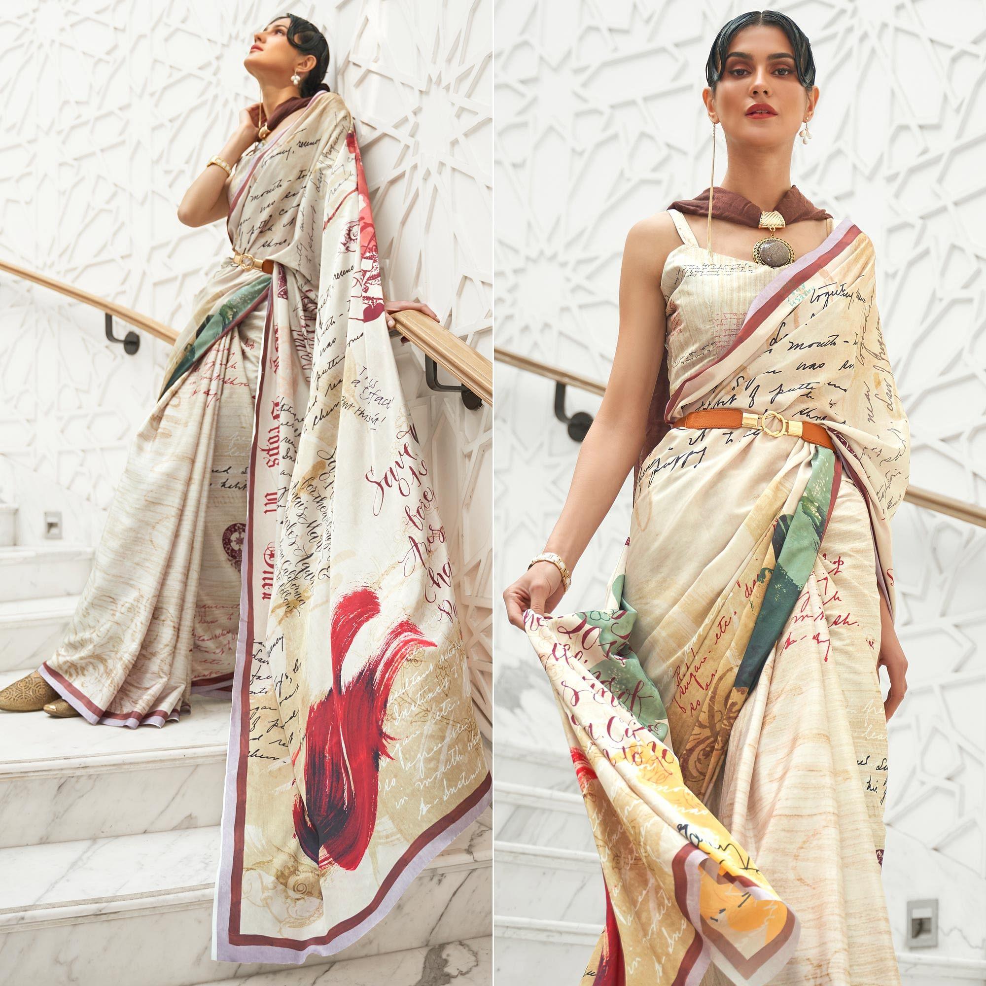 Off-White Partywear Digital Printed Silk Saree - Peachmode