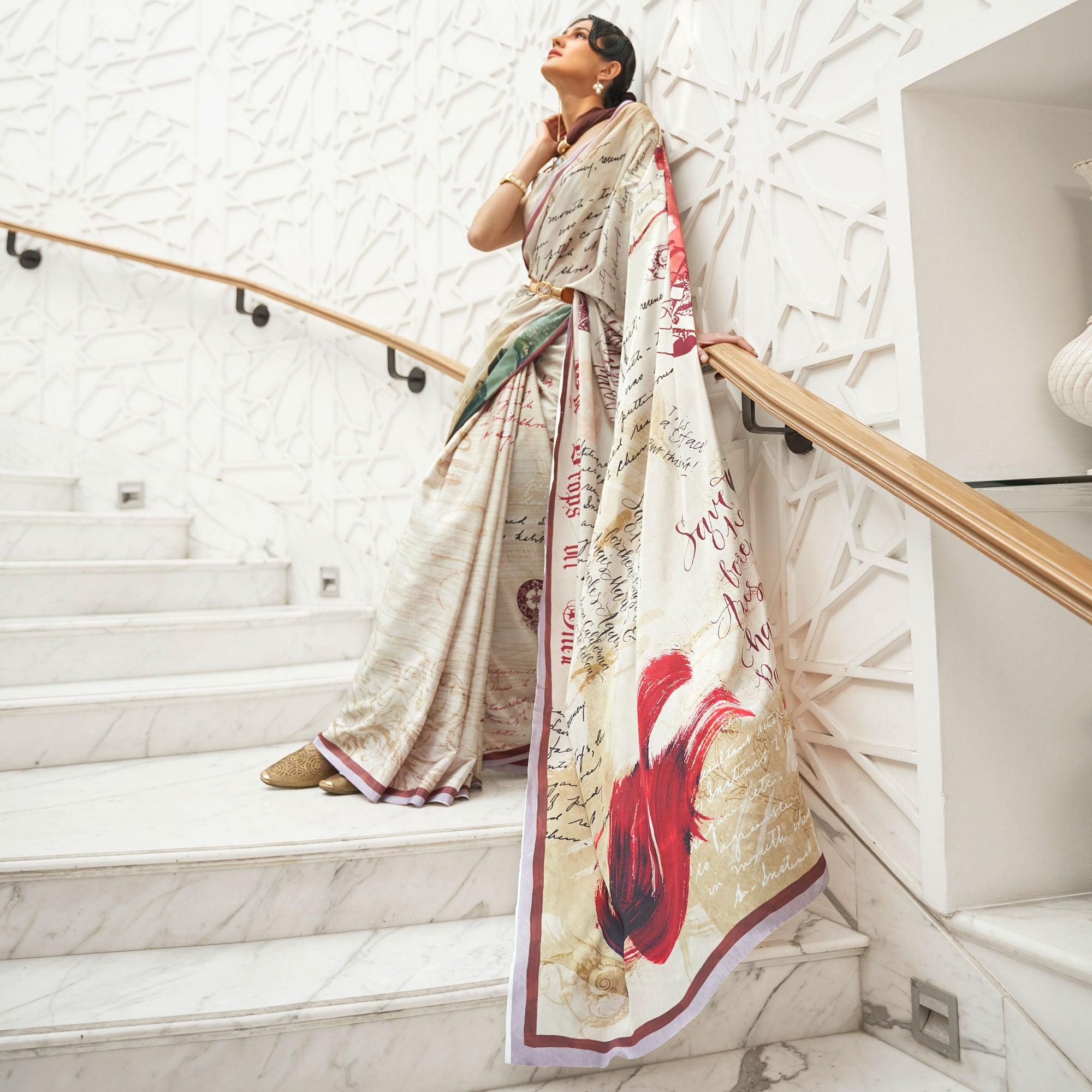 Off-White Partywear Digital Printed Silk Saree - Peachmode