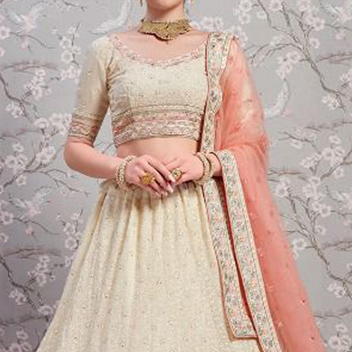 Off-White Partywear Embroidered Georgette Lehenga Choli - Peachmode