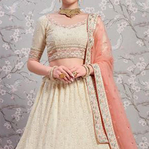 Off-White Partywear Embroidered Georgette Lehenga Choli - Peachmode