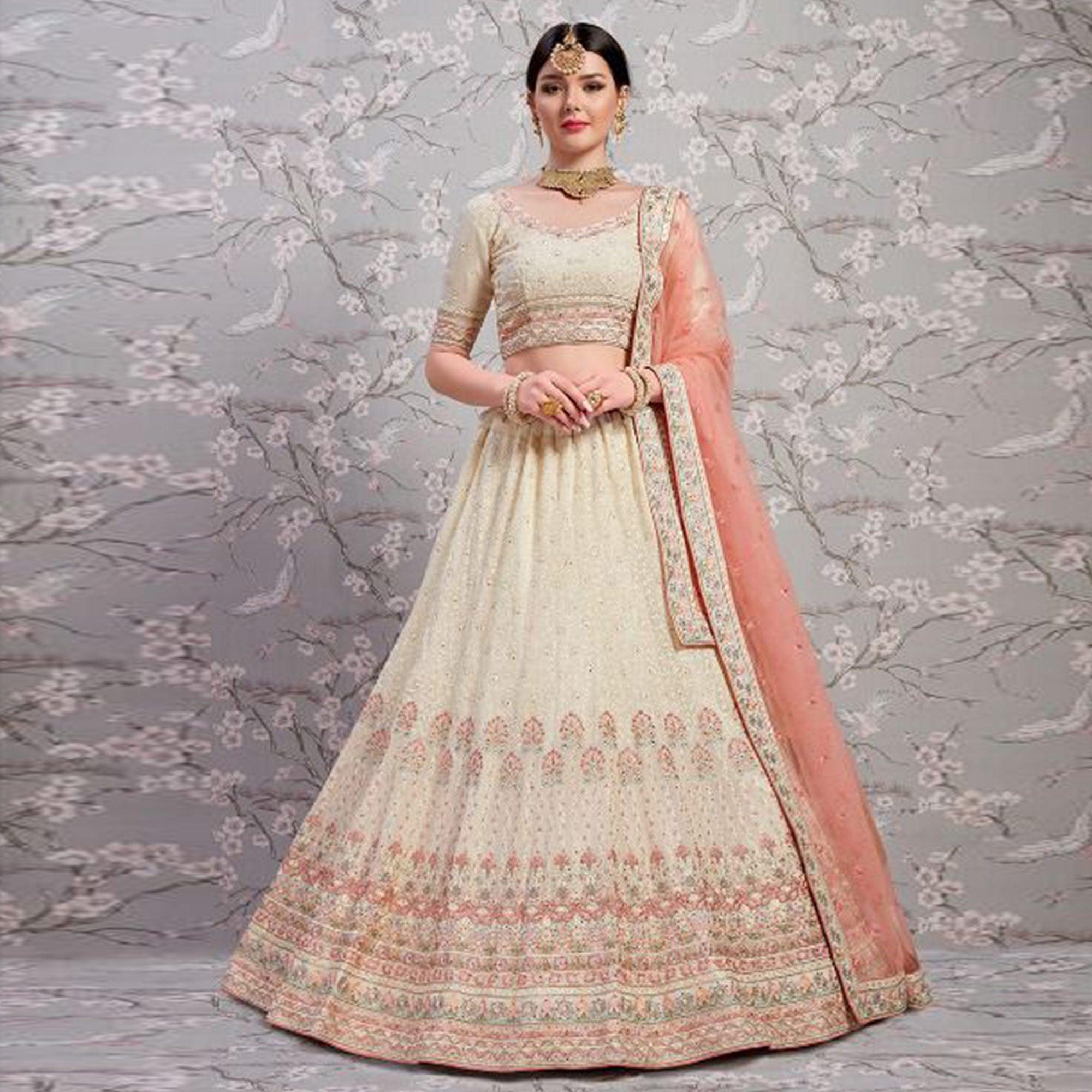 Off-White Partywear Embroidered Georgette Lehenga Choli - Peachmode