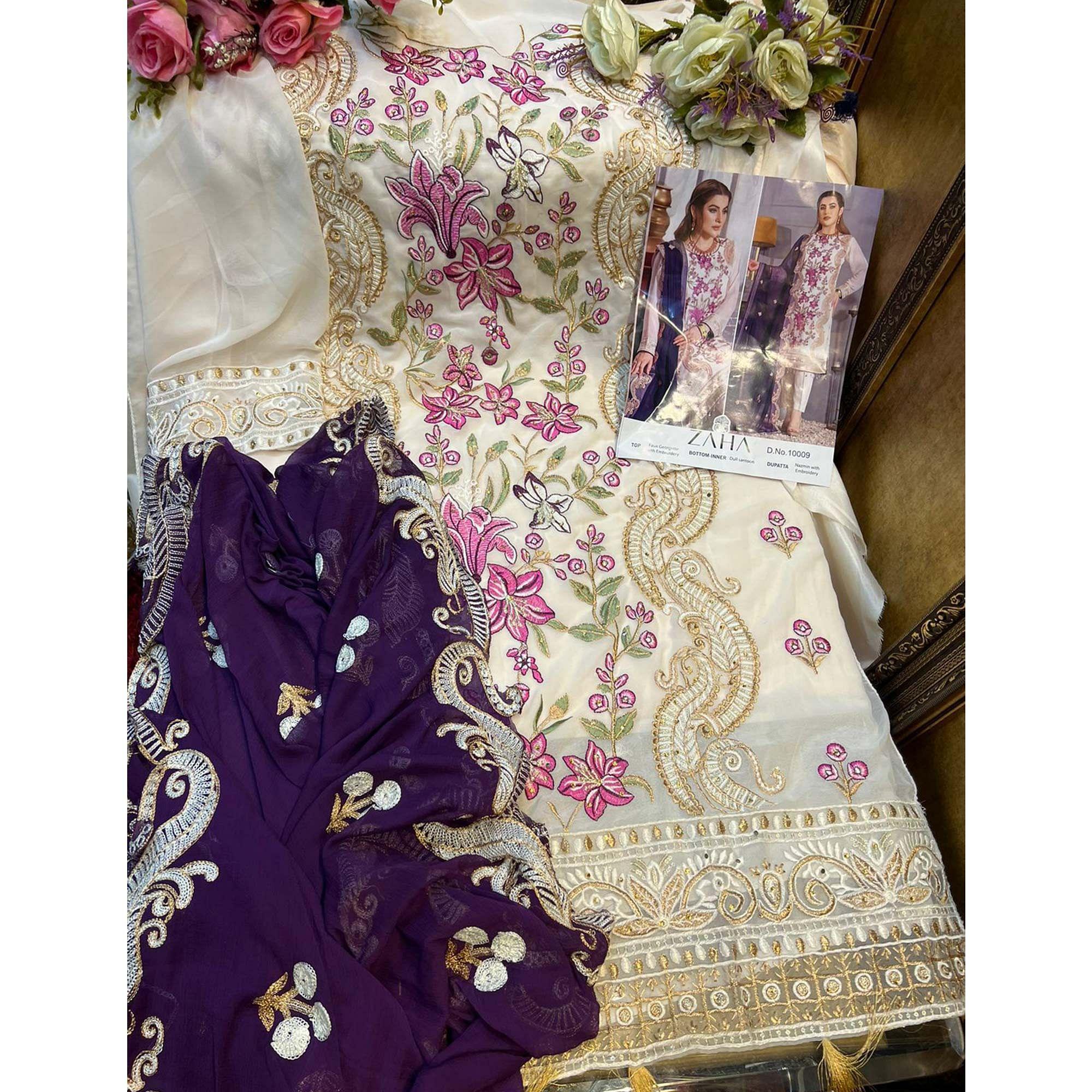 Off White Partywear Embroidered Georgette Pakistani Suit - Peachmode