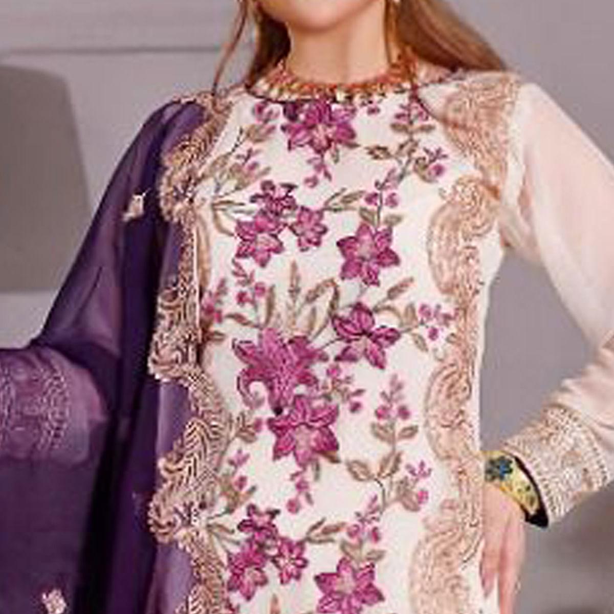 Off White Partywear Embroidered Georgette Pakistani Suit - Peachmode