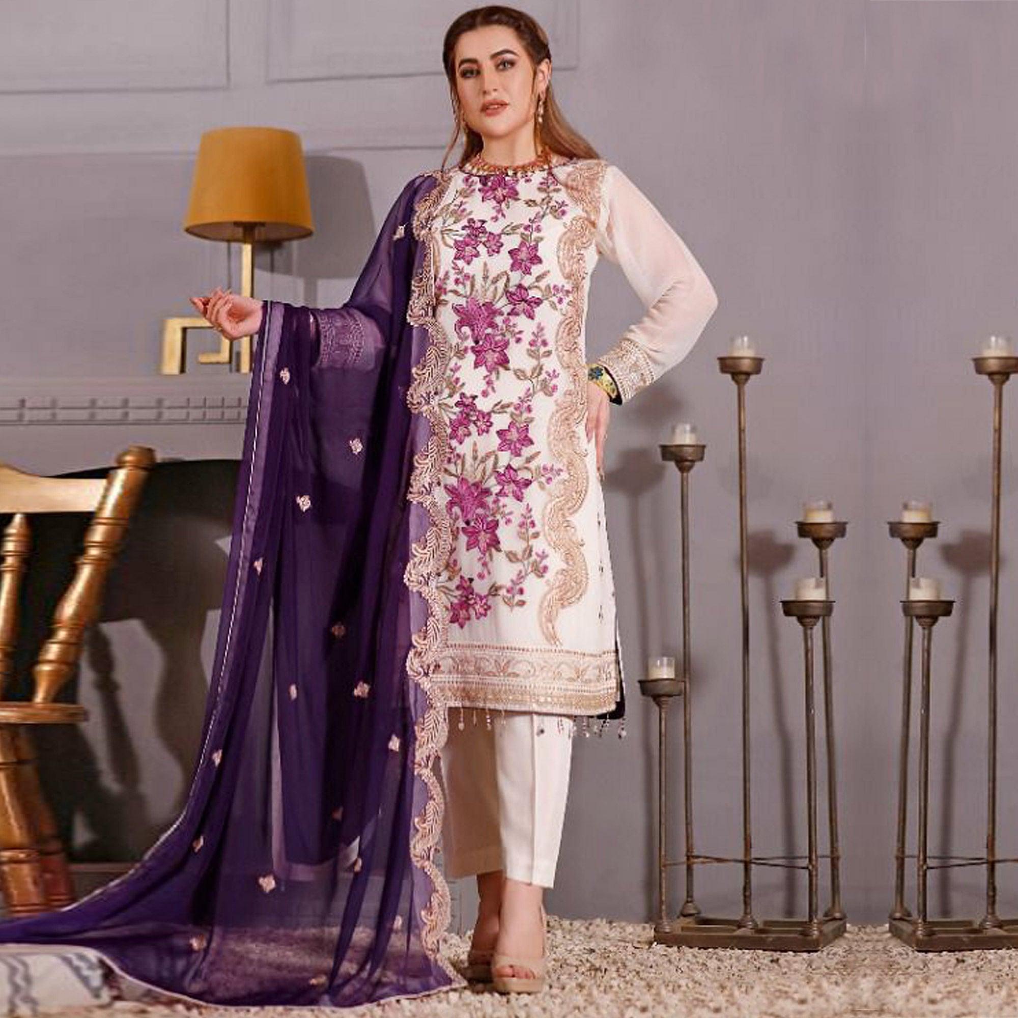 Off White Partywear Embroidered Georgette Pakistani Suit - Peachmode