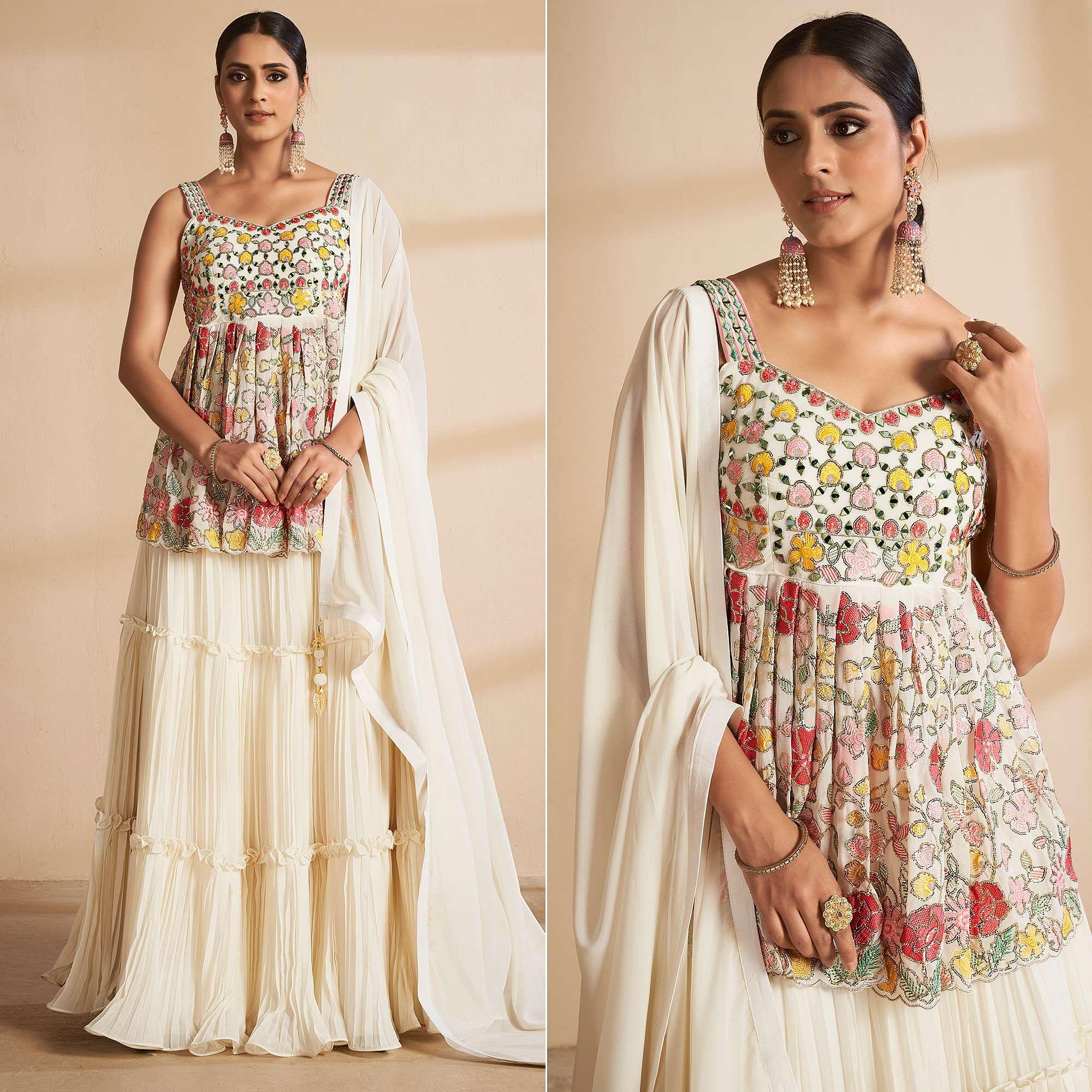 Off-White Partywear Embroidered Georgette Sharara Suit - Peachmode