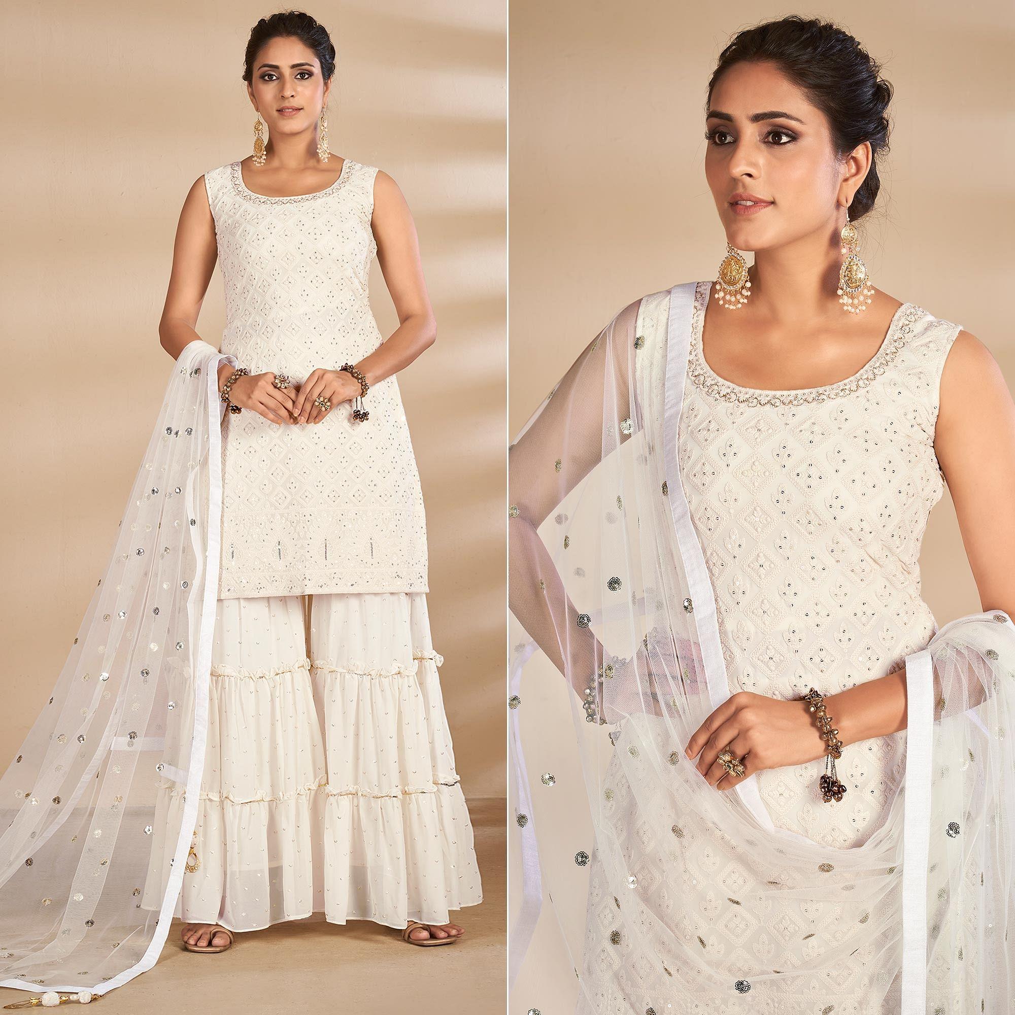 Off-White Partywear Embroidered Georgette Sharara Suit - Peachmode