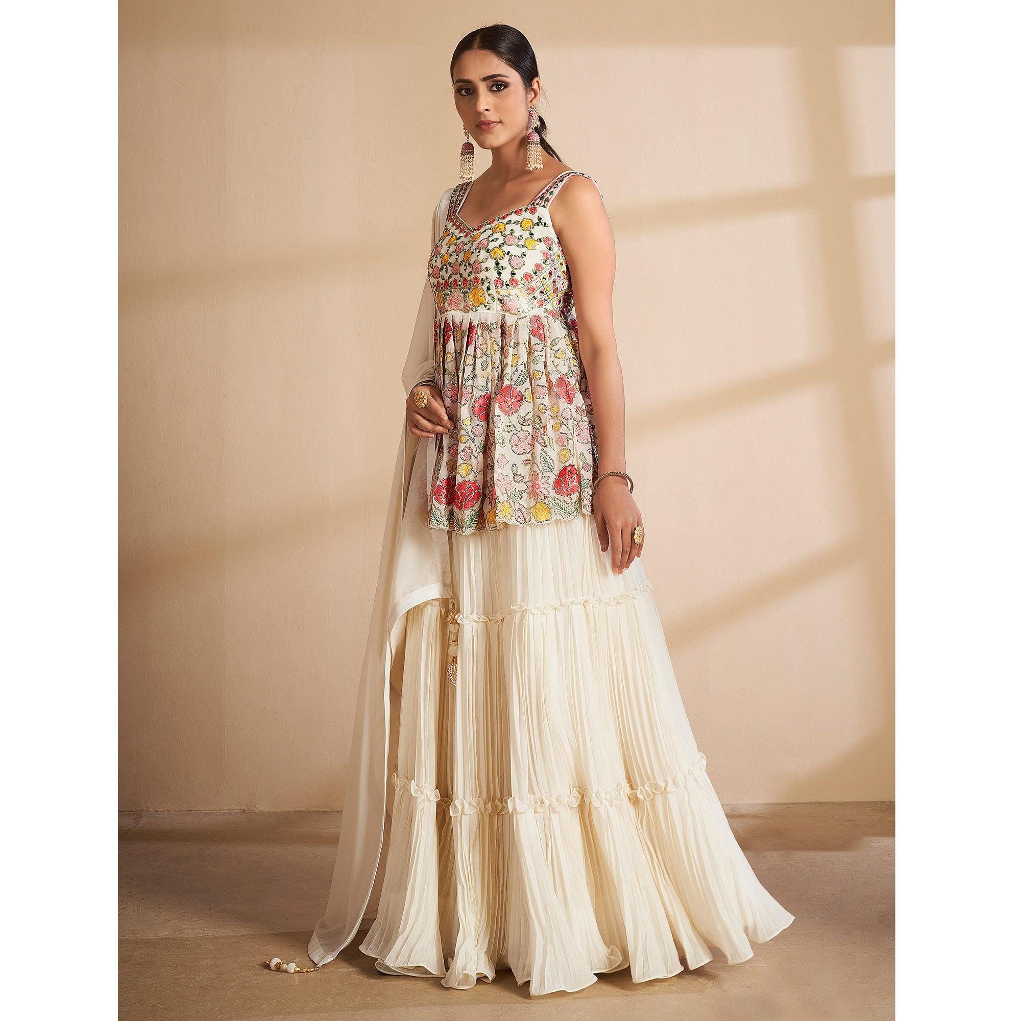 Off-White Partywear Embroidered Georgette Sharara Suit - Peachmode
