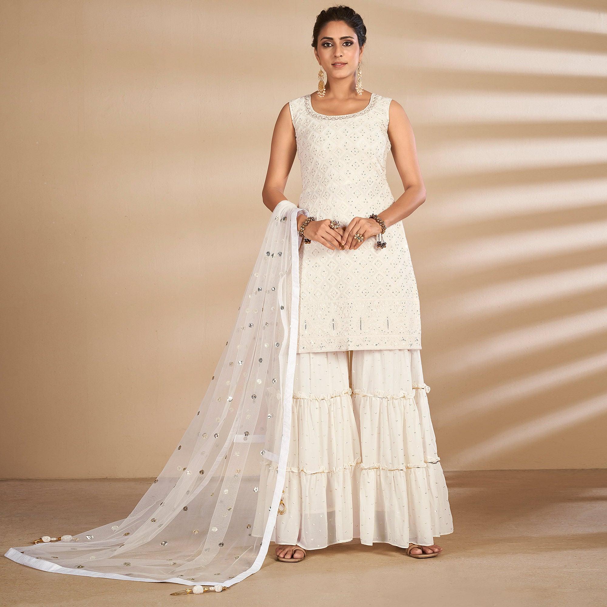 Off-White Partywear Embroidered Georgette Sharara Suit - Peachmode