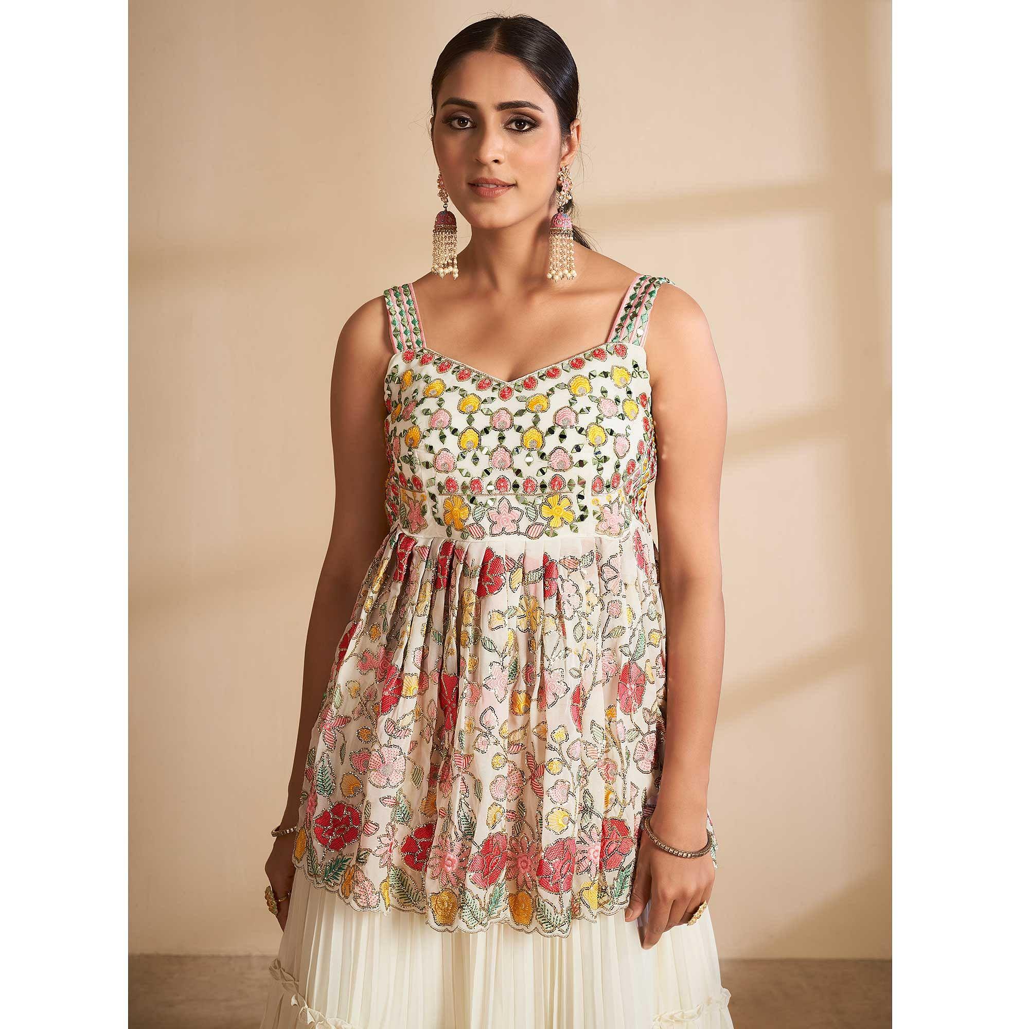 Off-White Partywear Embroidered Georgette Sharara Suit - Peachmode