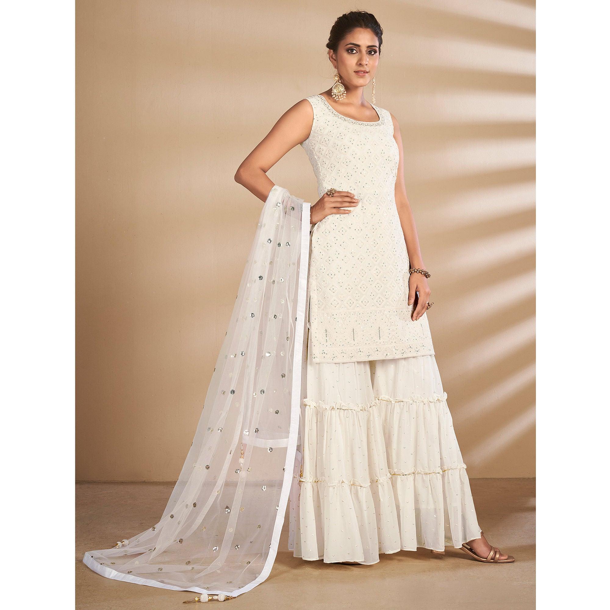 Off-White Partywear Embroidered Georgette Sharara Suit - Peachmode