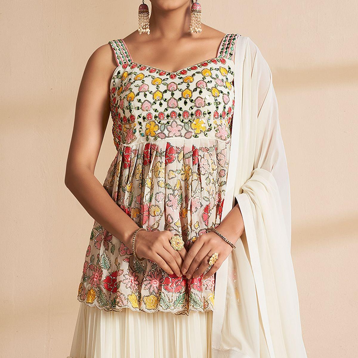 Off-White Partywear Embroidered Georgette Sharara Suit - Peachmode