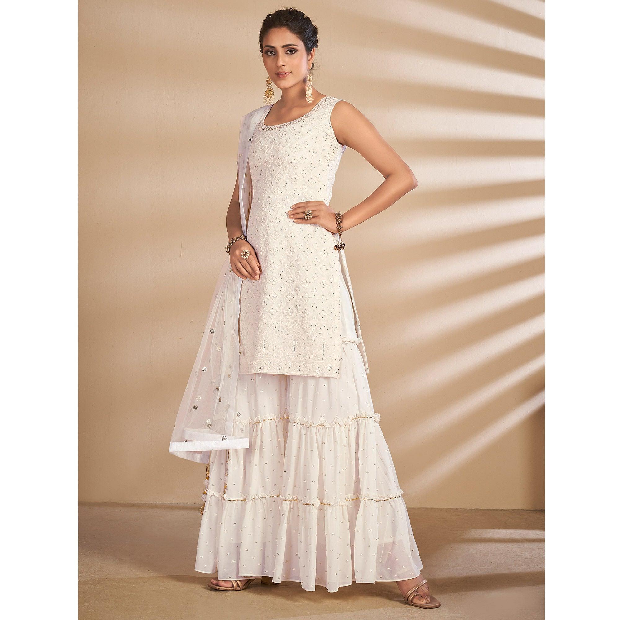 Off-White Partywear Embroidered Georgette Sharara Suit - Peachmode