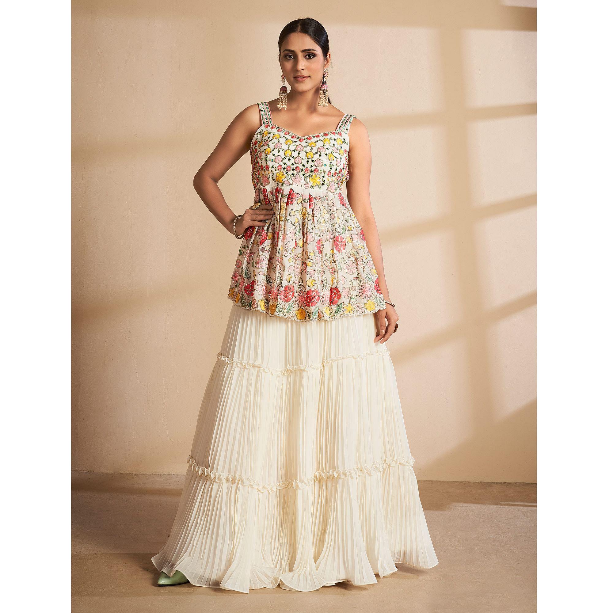 Off-White Partywear Embroidered Georgette Sharara Suit - Peachmode