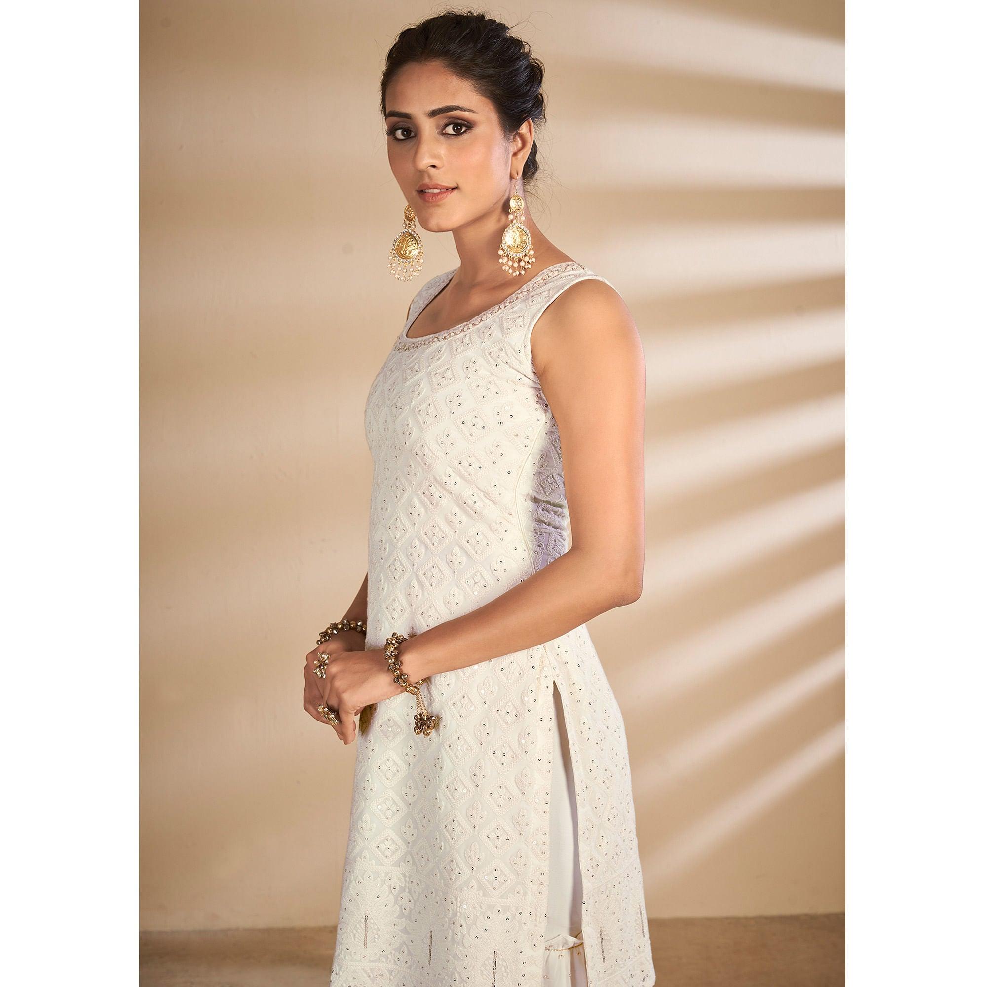 Off-White Partywear Embroidered Georgette Sharara Suit - Peachmode