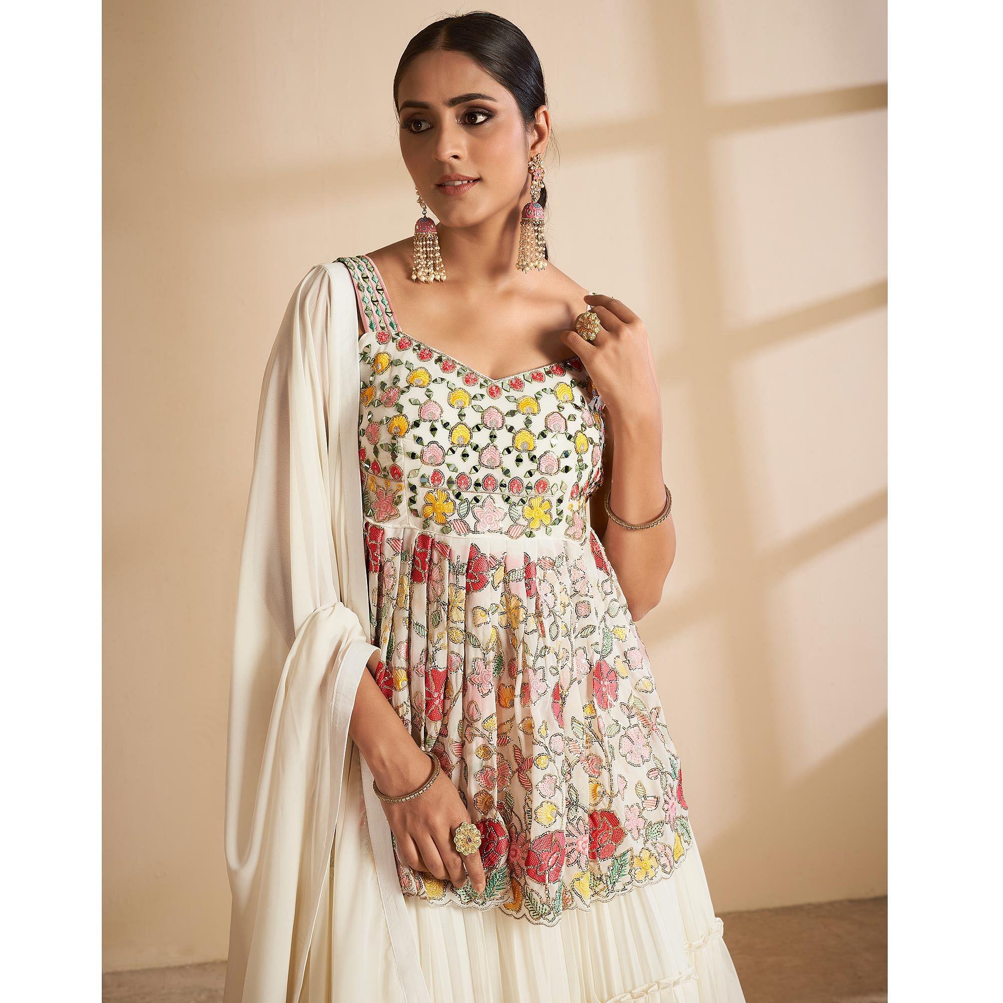 Off-White Partywear Embroidered Georgette Sharara Suit - Peachmode