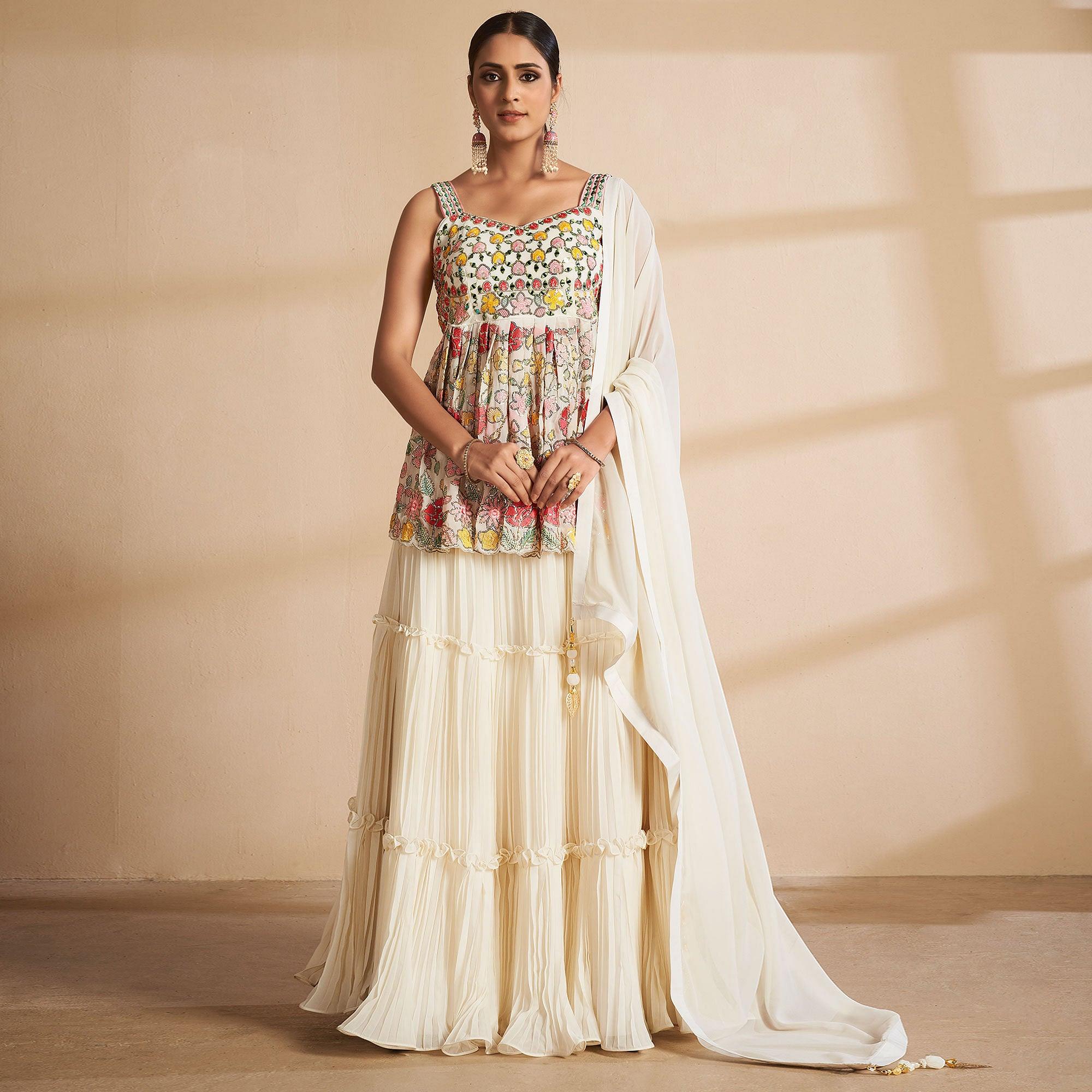 Off-White Partywear Embroidered Georgette Sharara Suit - Peachmode