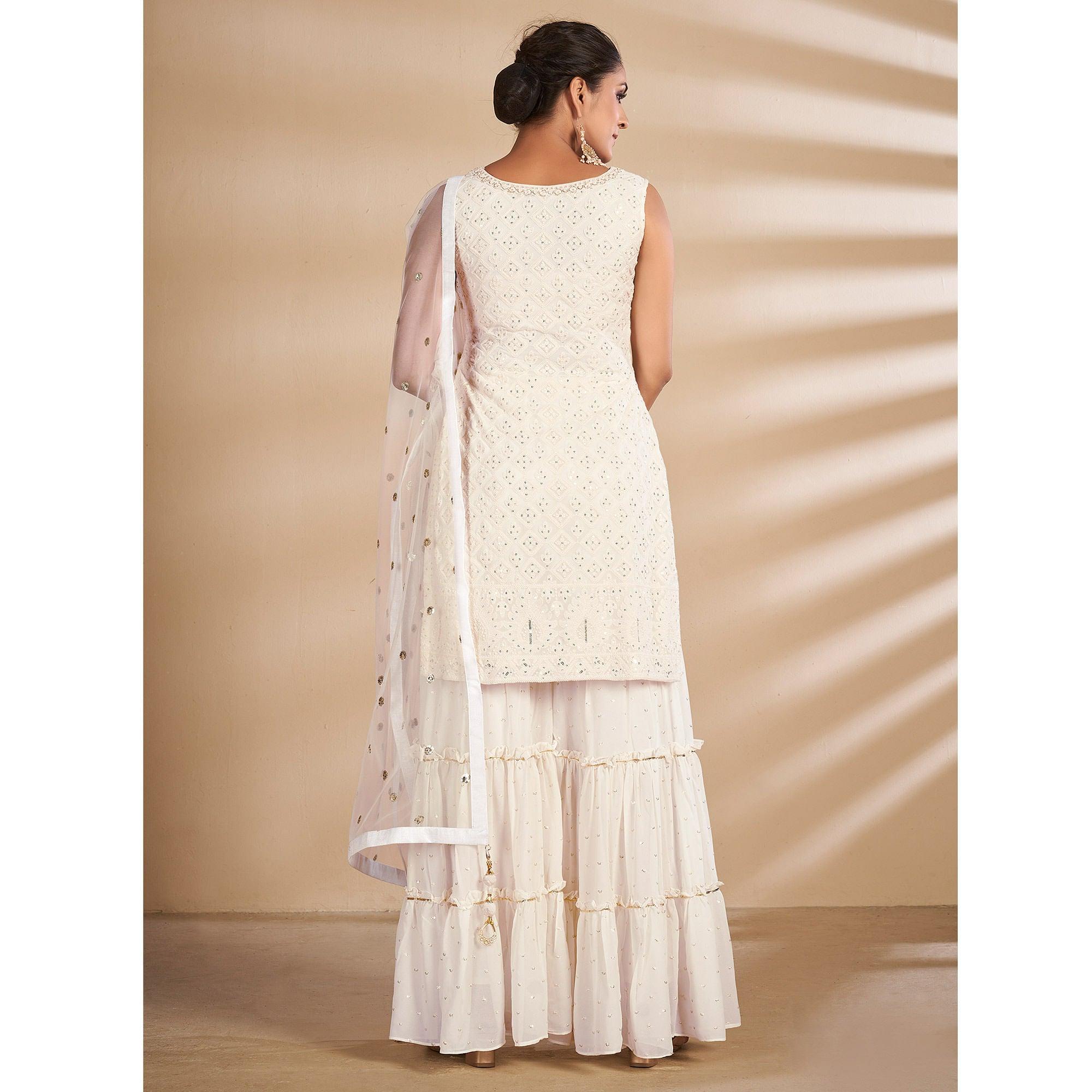 Off-White Partywear Embroidered Georgette Sharara Suit - Peachmode