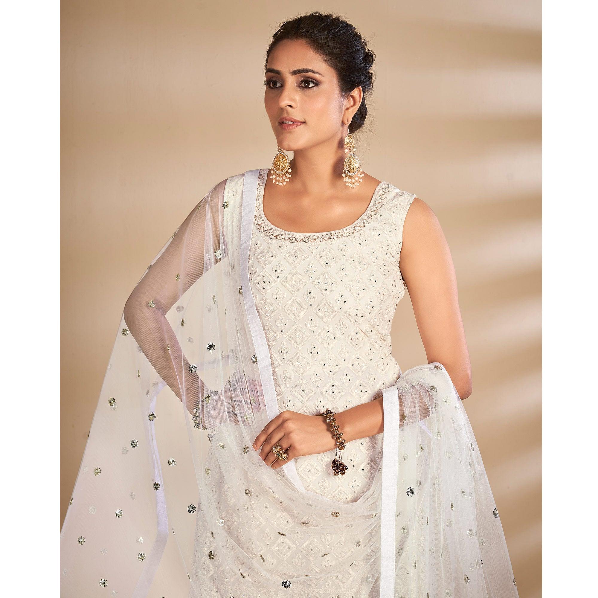 Off-White Partywear Embroidered Georgette Sharara Suit - Peachmode