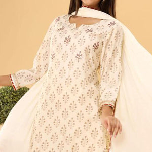 Off-White Partywear Embroidered With Print Cotton Silk Sharara Suit - Peachmode