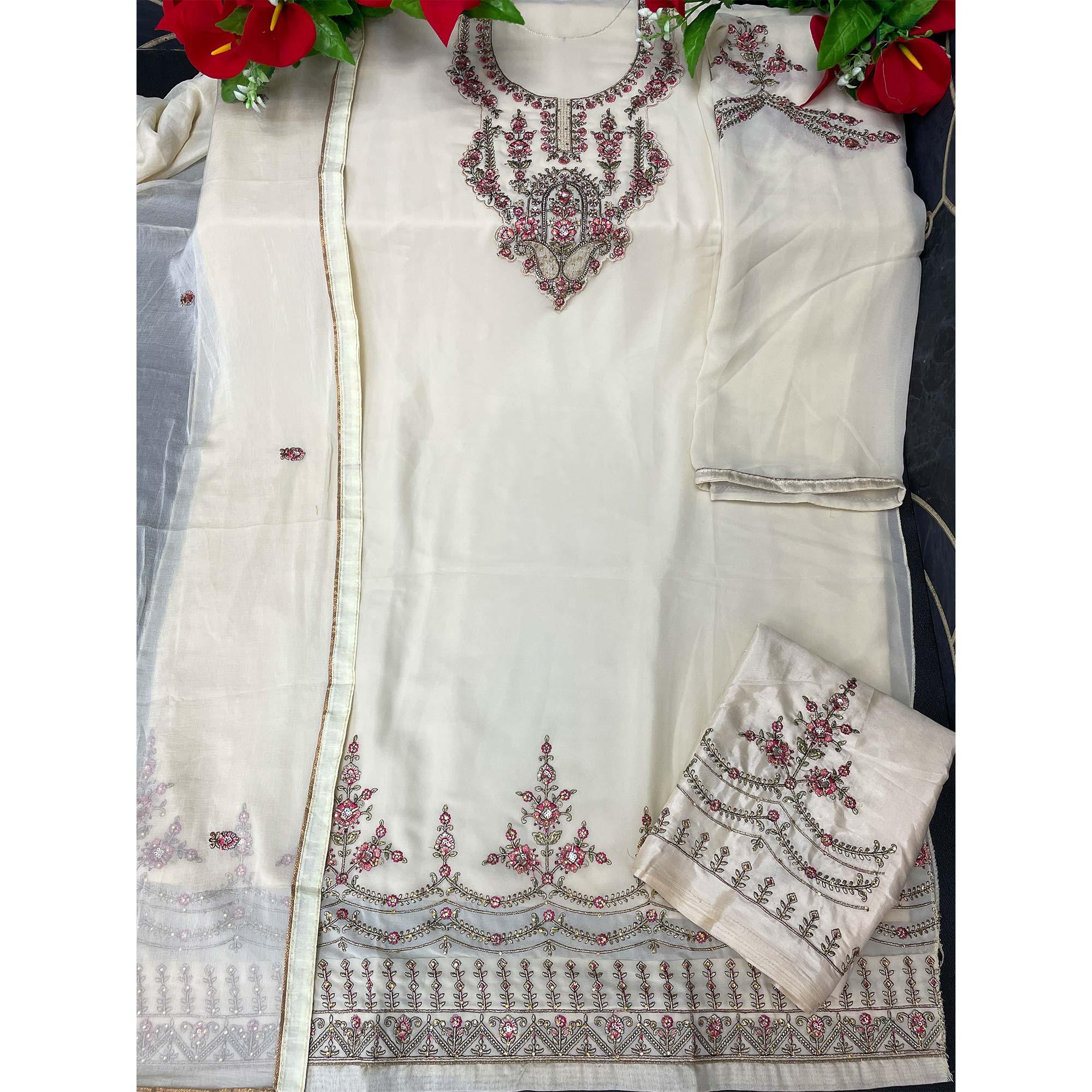 Off-White Partywear Floral Embroidered Georgette Straight Salwar Suit - Peachmode