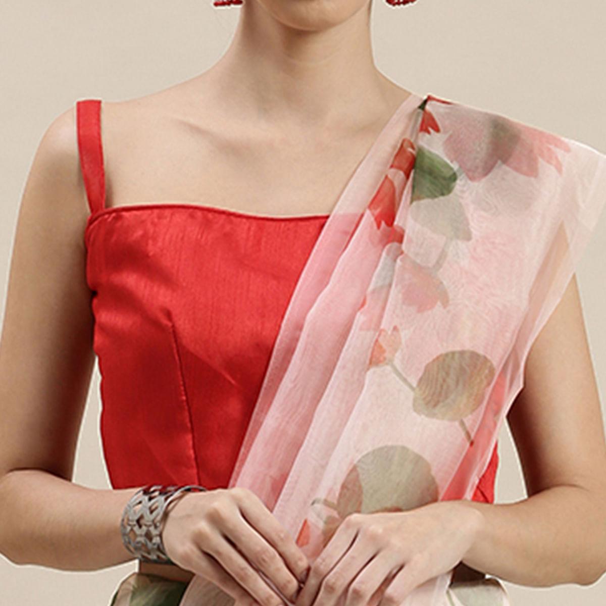 Off -White Partywear Printed Organza Saree - Peachmode