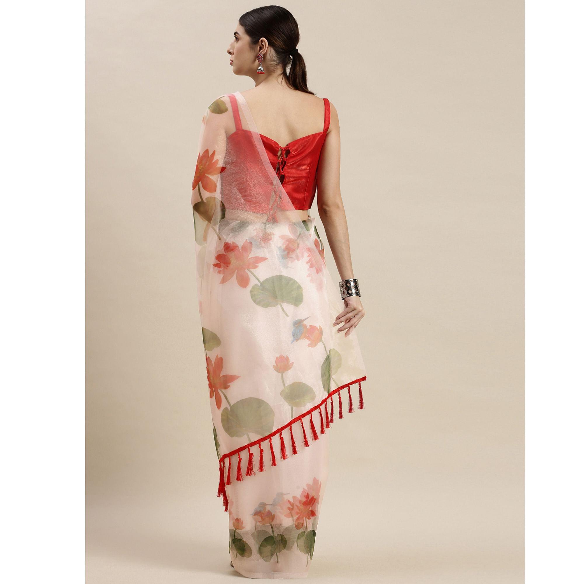 Off -White Partywear Printed Organza Saree - Peachmode