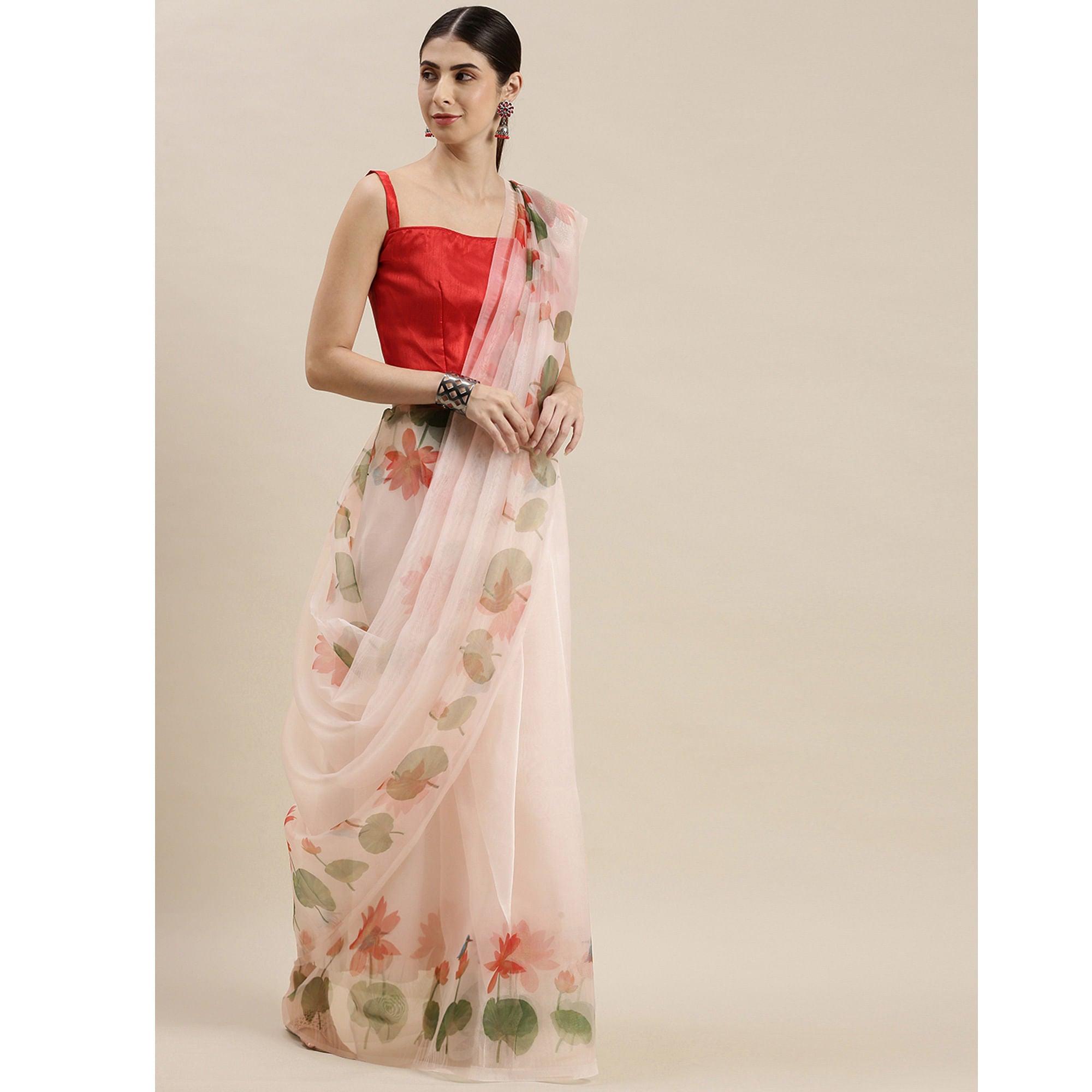 Off -White Partywear Printed Organza Saree - Peachmode