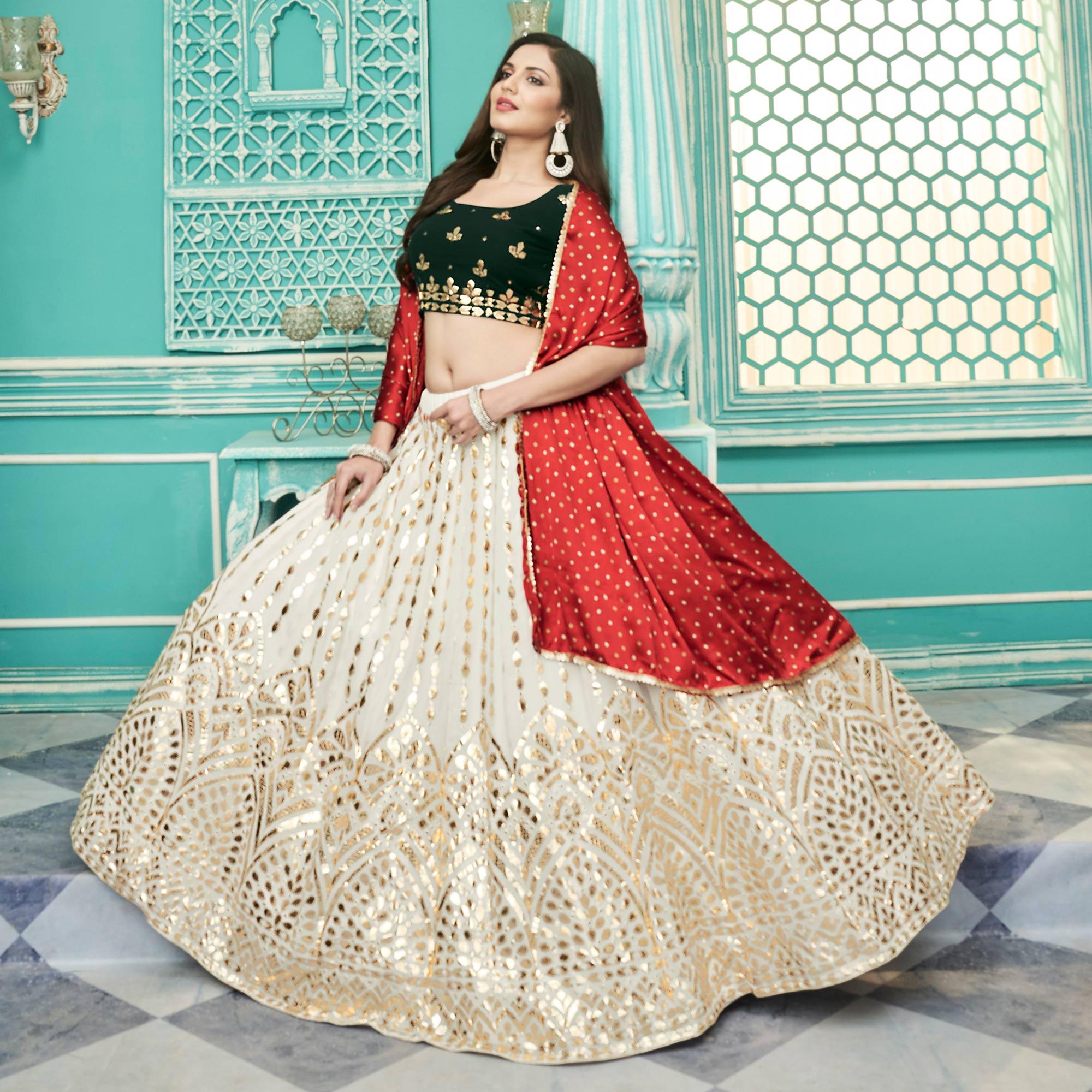 Off-White Partywear Sequence Embroidered Georgette Lehenga Choli - Peachmode