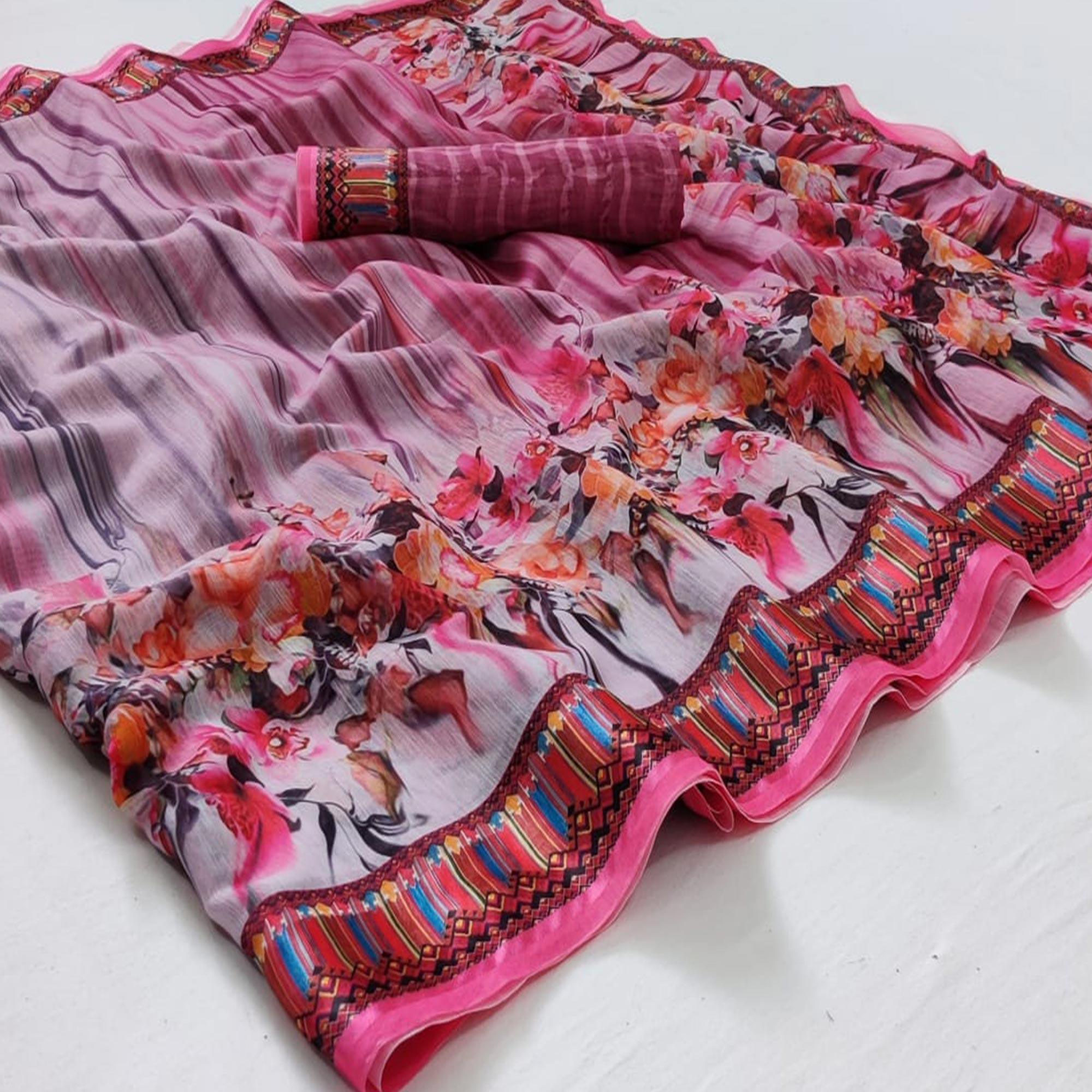 Off-White-Pink Casual Wear Floral Digital Printed Linen Saree - Peachmode