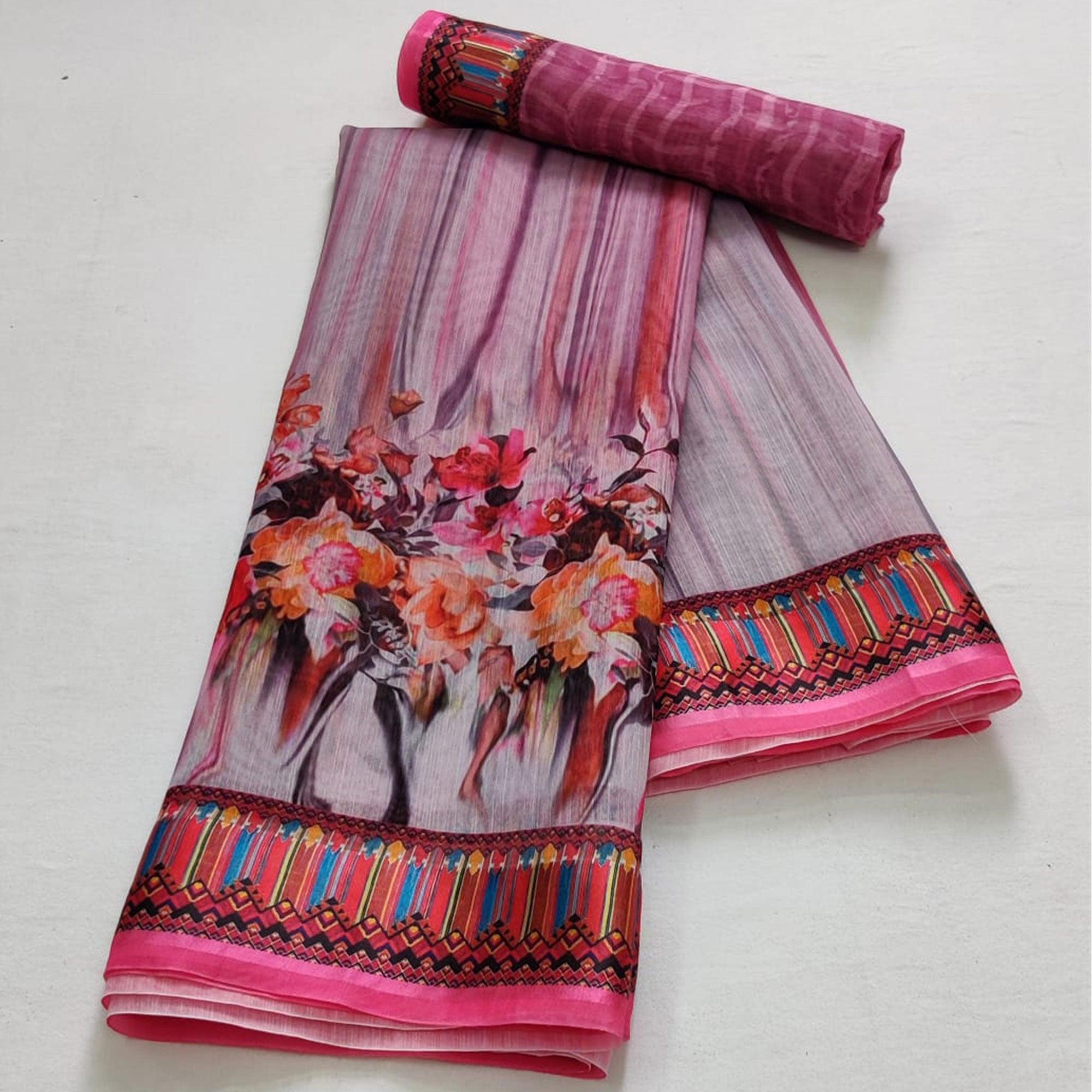 Off-White-Pink Casual Wear Floral Digital Printed Linen Saree - Peachmode
