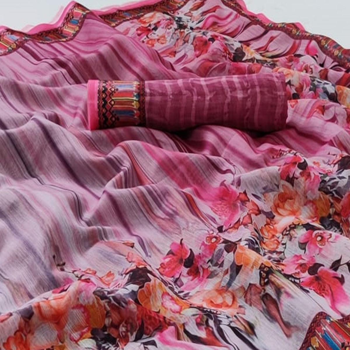 Off-White-Pink Casual Wear Floral Digital Printed Linen Saree - Peachmode