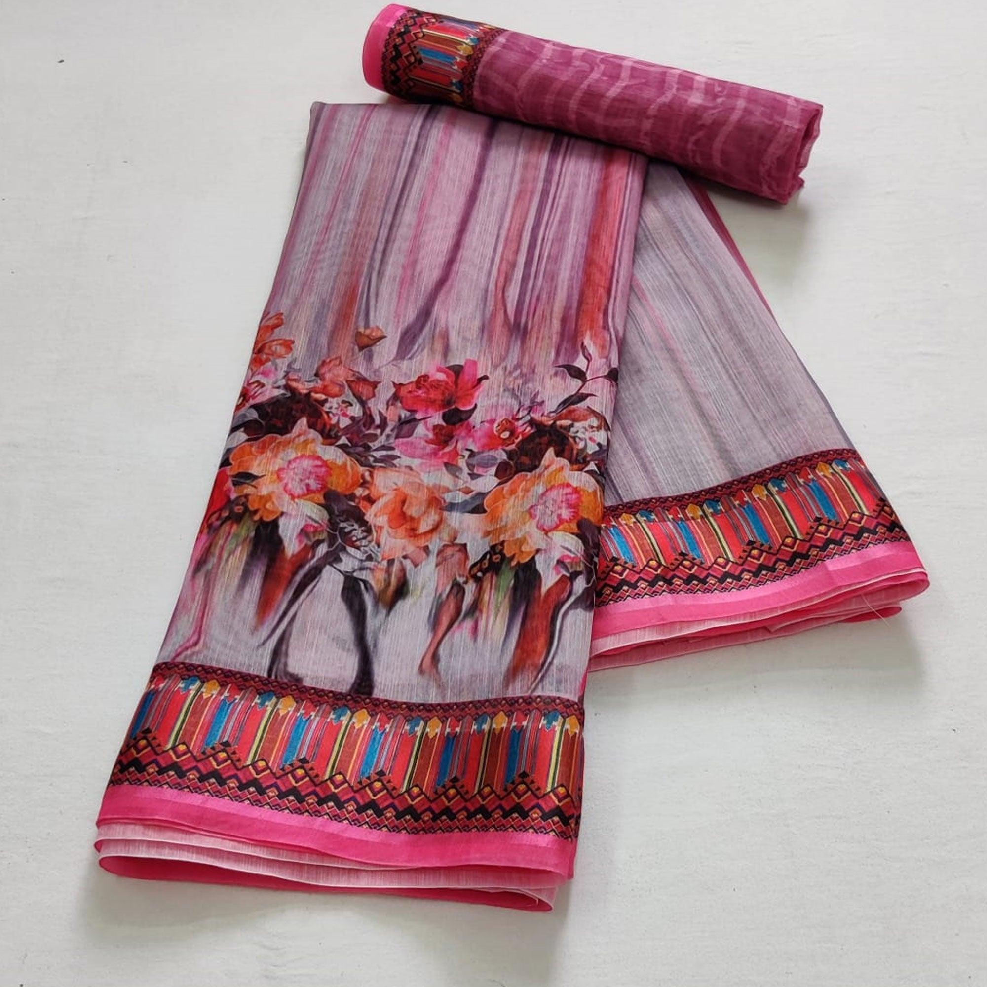 Off-White-Pink Casual Wear Floral Digital Printed Linen Saree - Peachmode