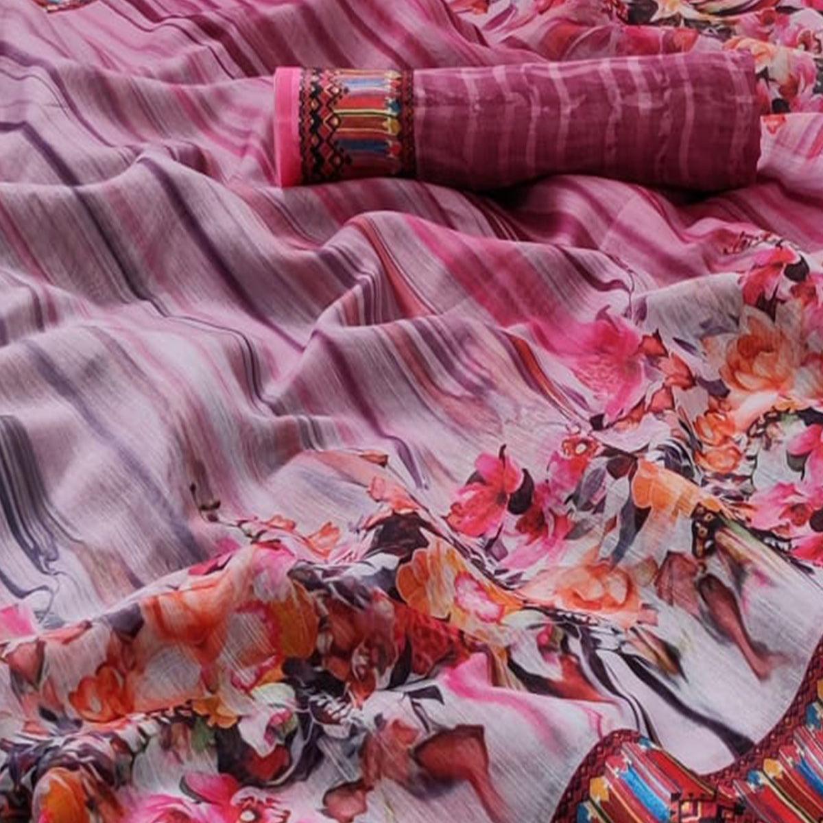 Off-White-Pink Casual Wear Floral Digital Printed Linen Saree - Peachmode