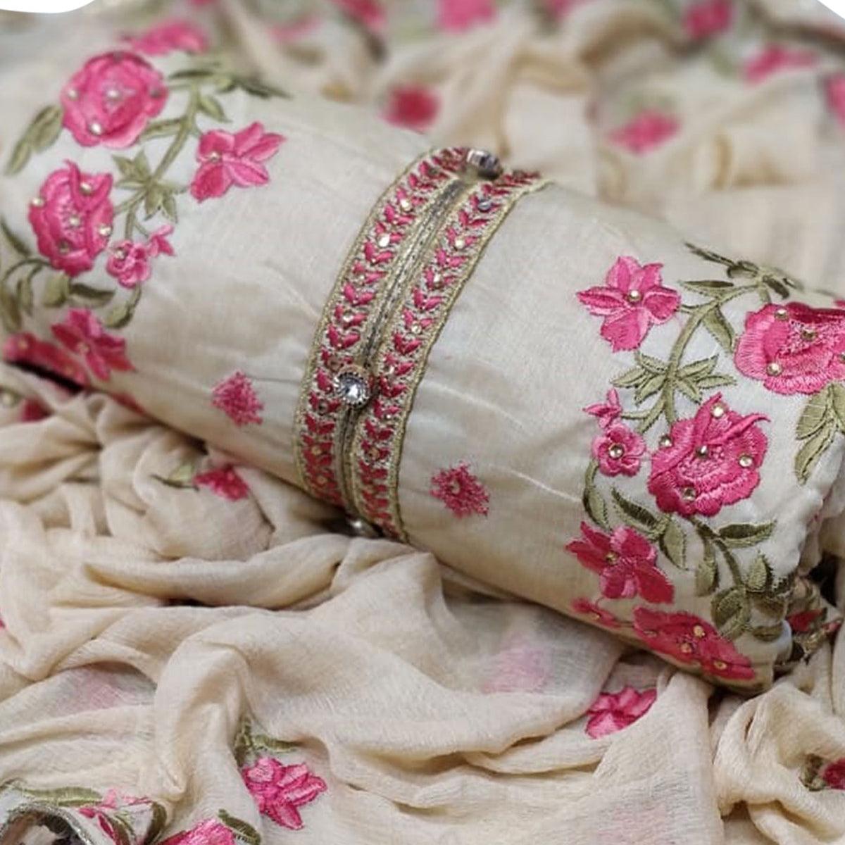 Off White - Pink Embroidered Chanderi Dress Material - Peachmode
